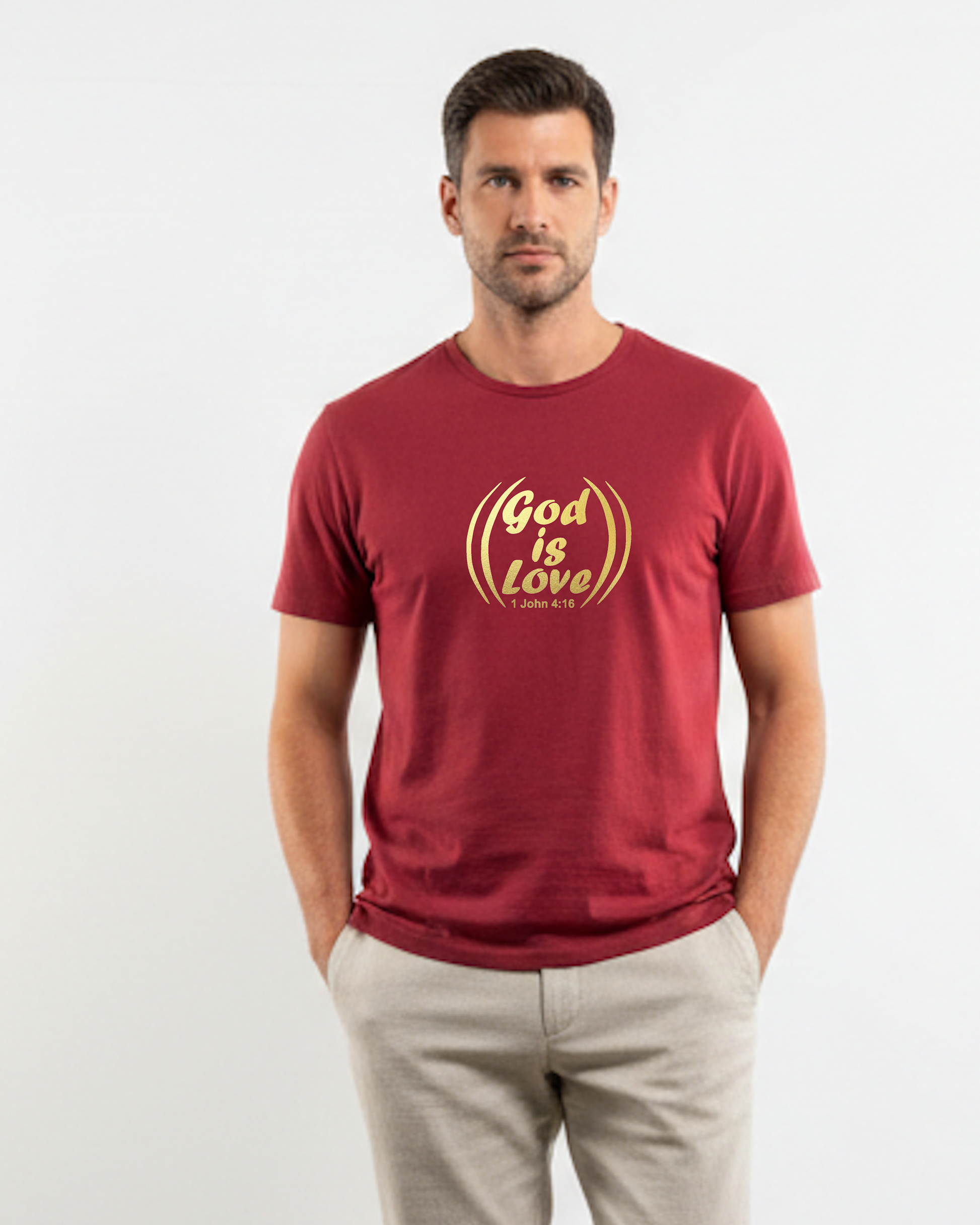 Man wearing a red t-shirt with 'God is Love' text on a white background