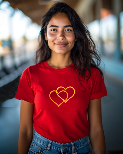 A woman in a corridor wearing a red t-shirt with a Heavenly Dreamwear logo comprised of anorange and yellow inter-twinned hearts.