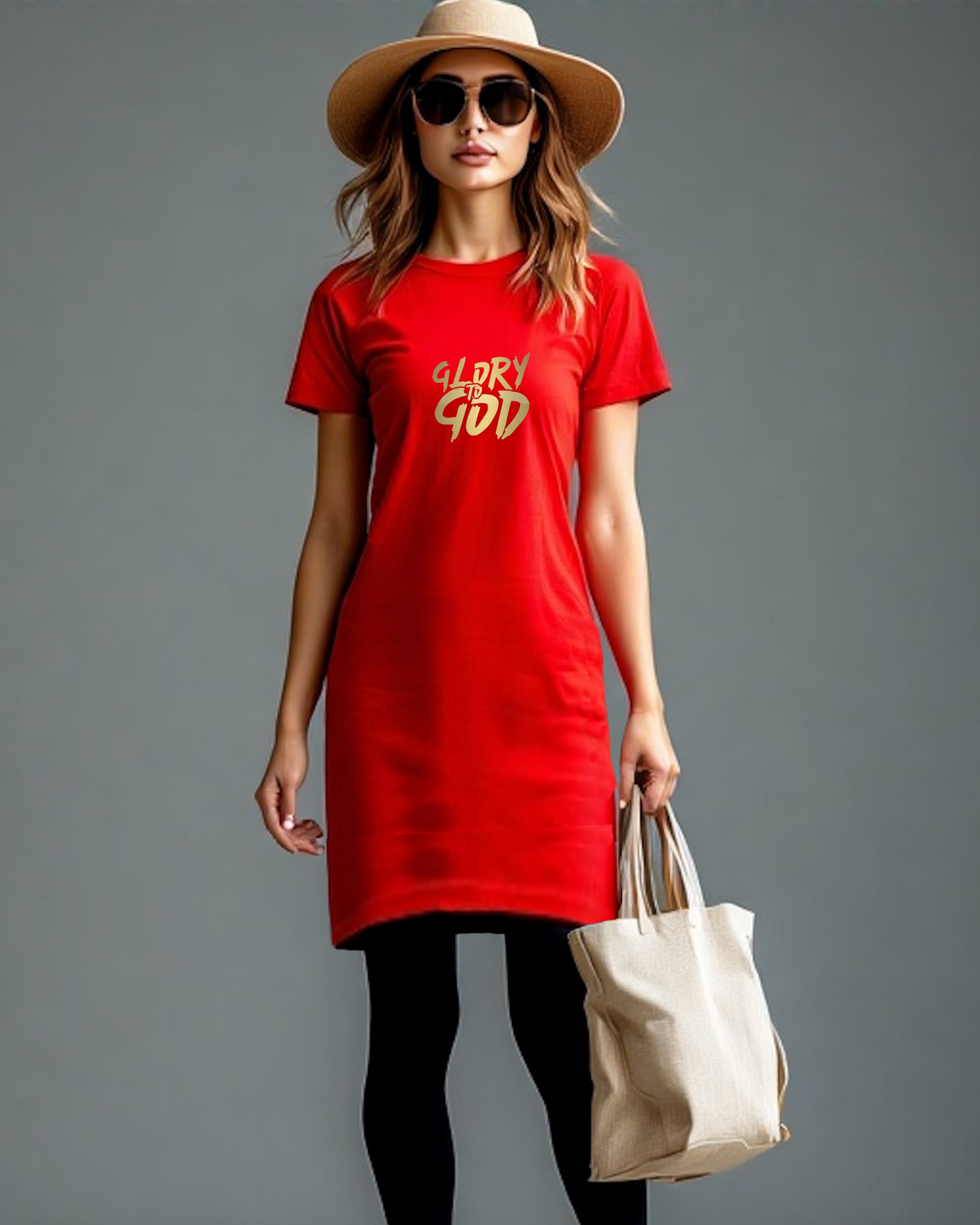 A woman wearing a wide straw hat, black leggings, a red Heavenly Dreamwear t-shirt dress with a gold "Gory to God" text logo printed on the front, carrying a cloth shopping bag.