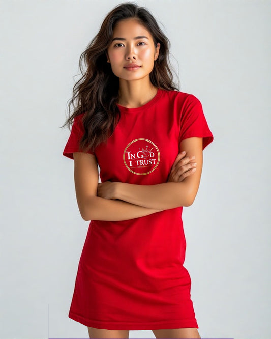 Woman wearing a red t-shirt dress with a gold ring logo and white text "In God I Trust", on a grey background