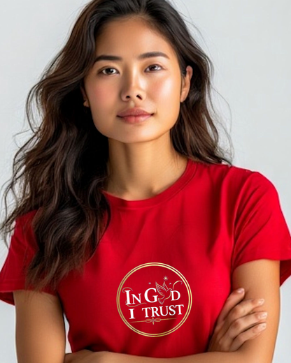 Neckline view of a Woman wearing a red t-shirt dress on a white background.
