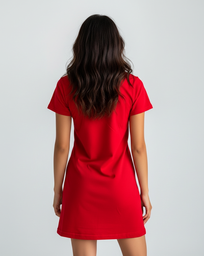 Rear view of a Woman wearing a red t-shirt dress on a white background.