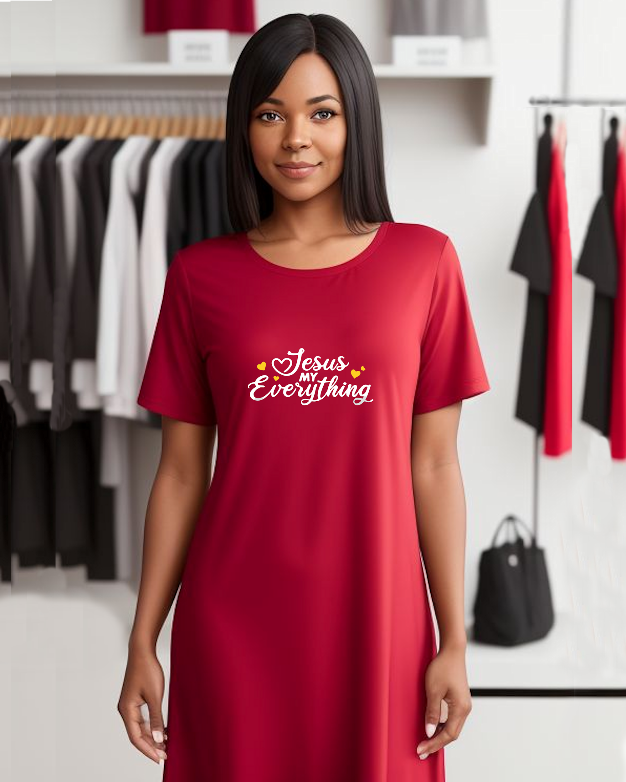 Woman wearing a red Heavenly Dreamwear t-shirt dress in a clothes shop with a white text logo "Jesus MY Everything" with 4 yellow hearts printed on the dress.
