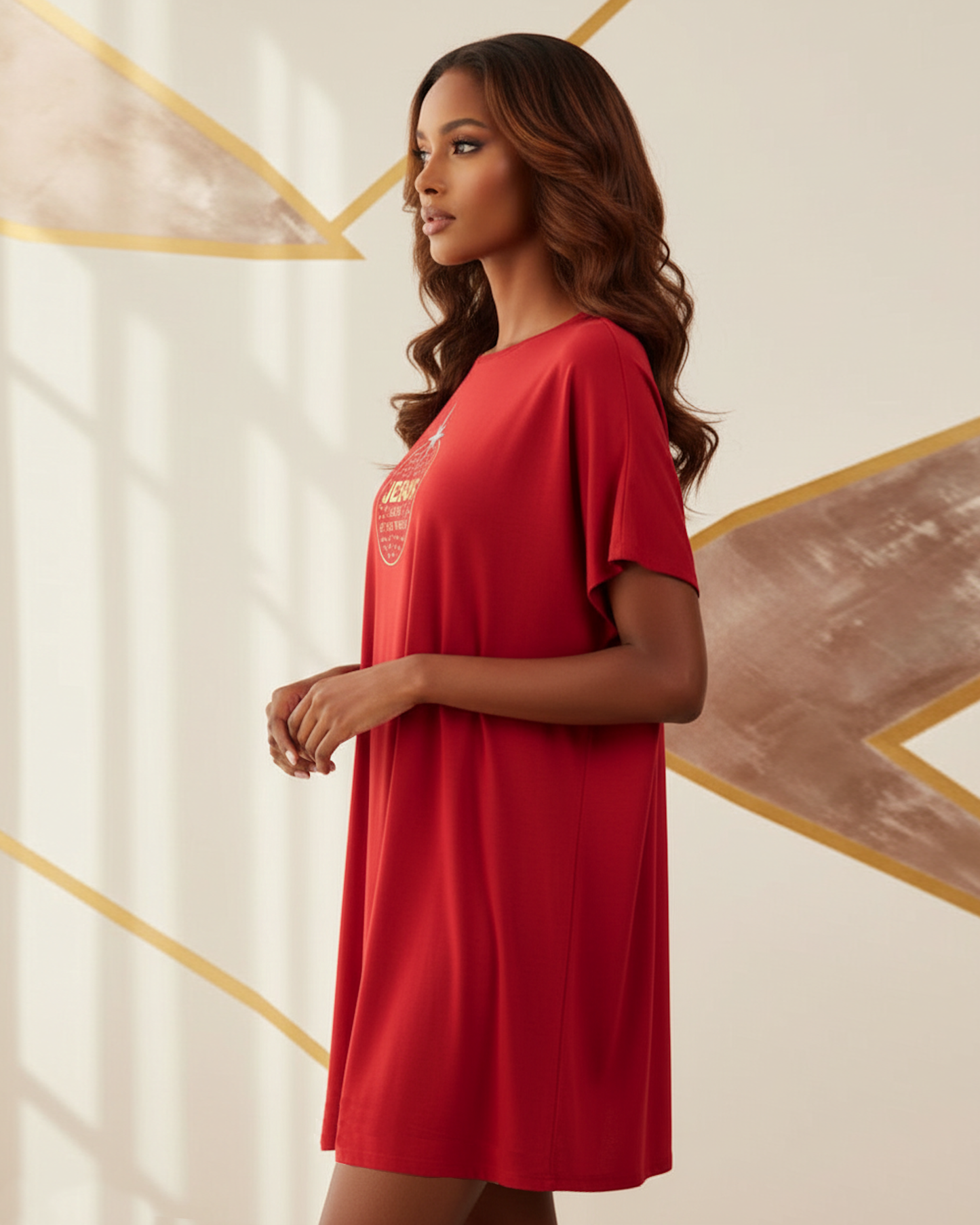 Woman wearing a red t-shirt dress with a geometric wallpaper background.