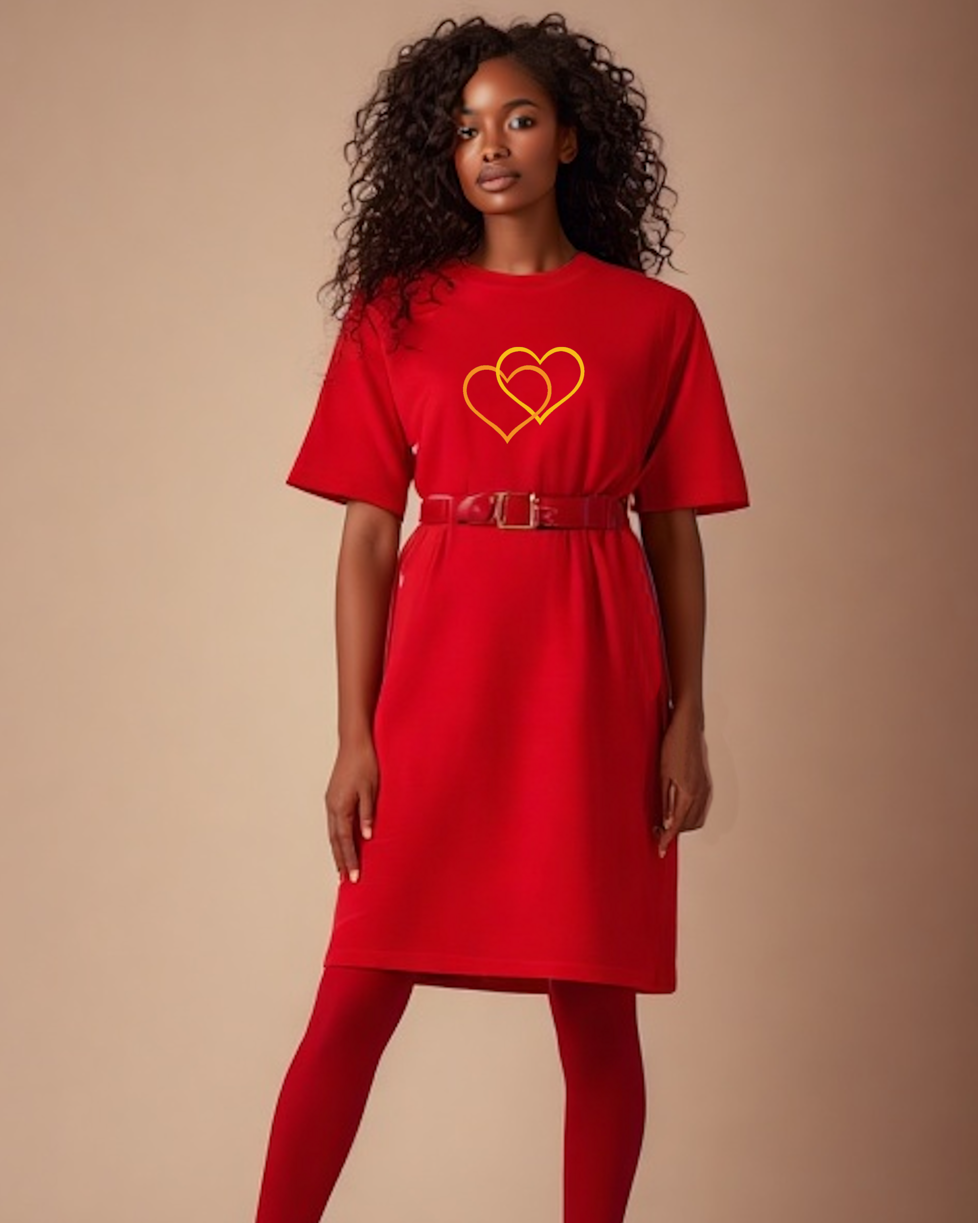A woman standing in a room wearing a matching red belt, leggings, and a t-shirt dress with a Heavenly Dreamwear logo made of an orange and a yellow intertwined heart shape printed on it.