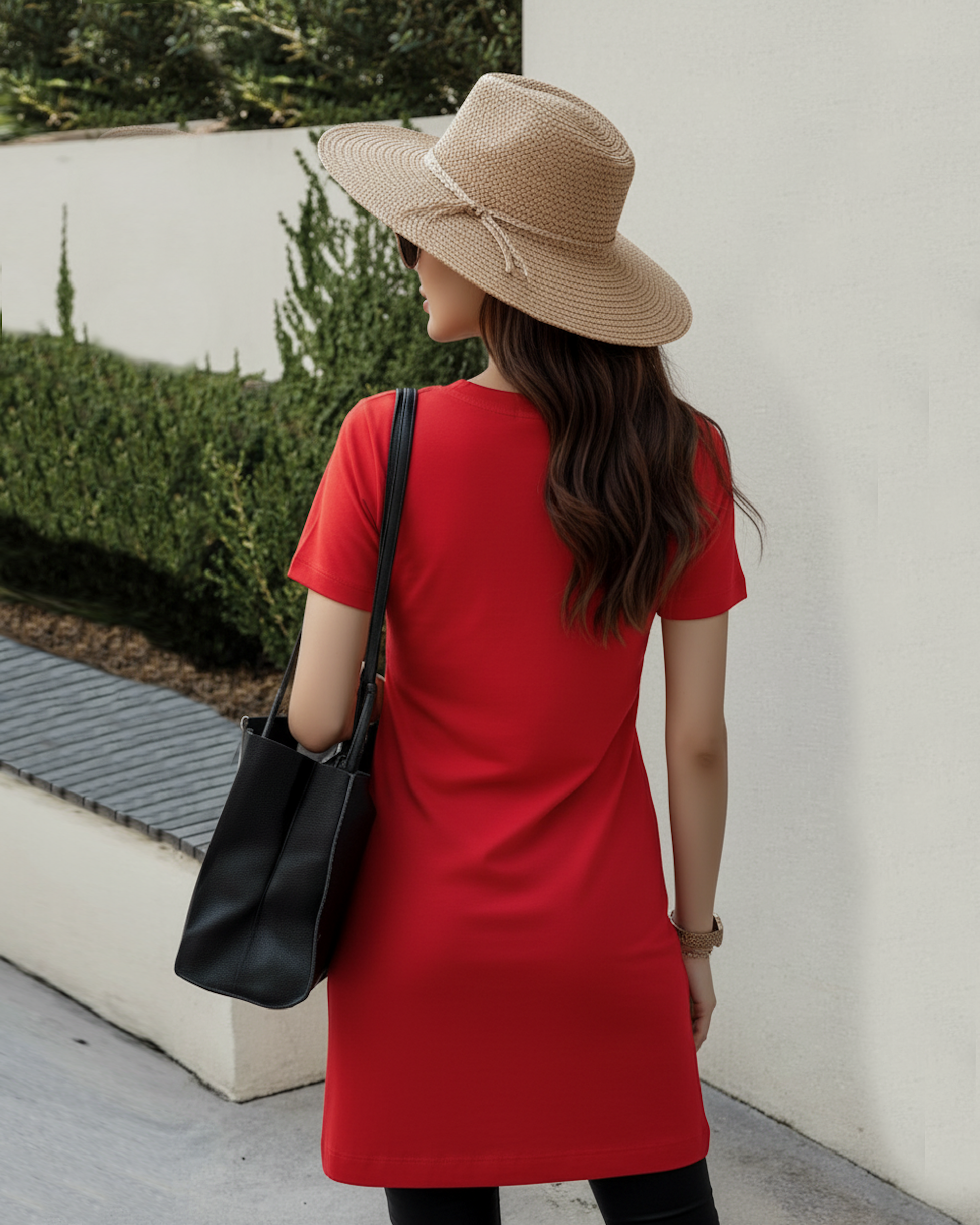Woman in a red t-shirt dress, black bag and straw hat walking outdoors.