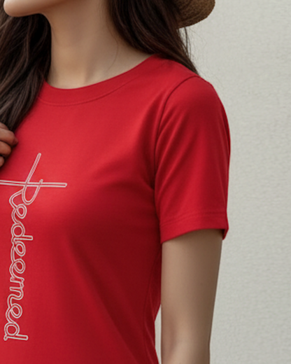 Closeup of a red t-shirt dress with white logo worn by a woman against a neutral background.