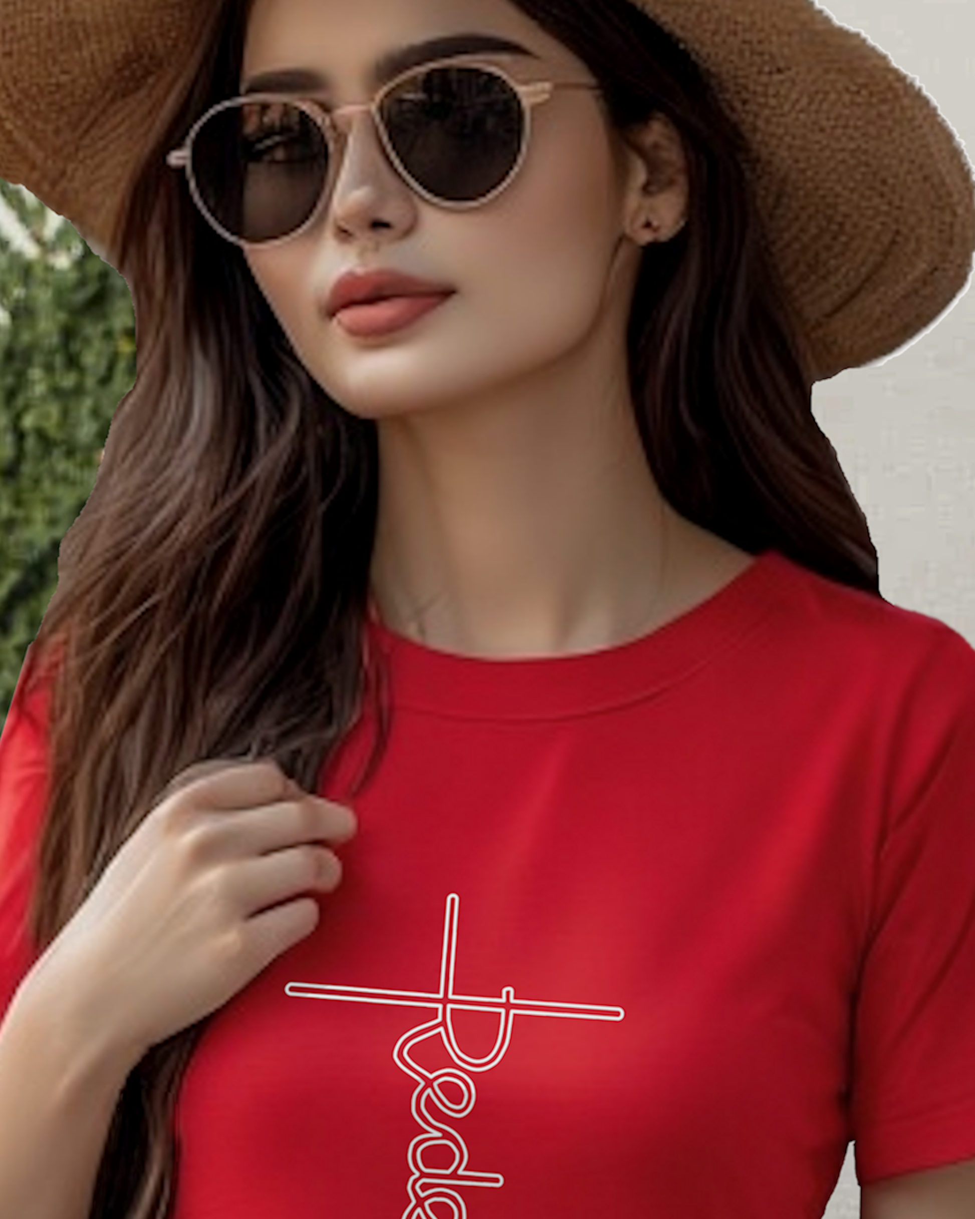 Closeup of a woman wearing a red t-shirt dress with a white logo and a straw hat, standing outside.