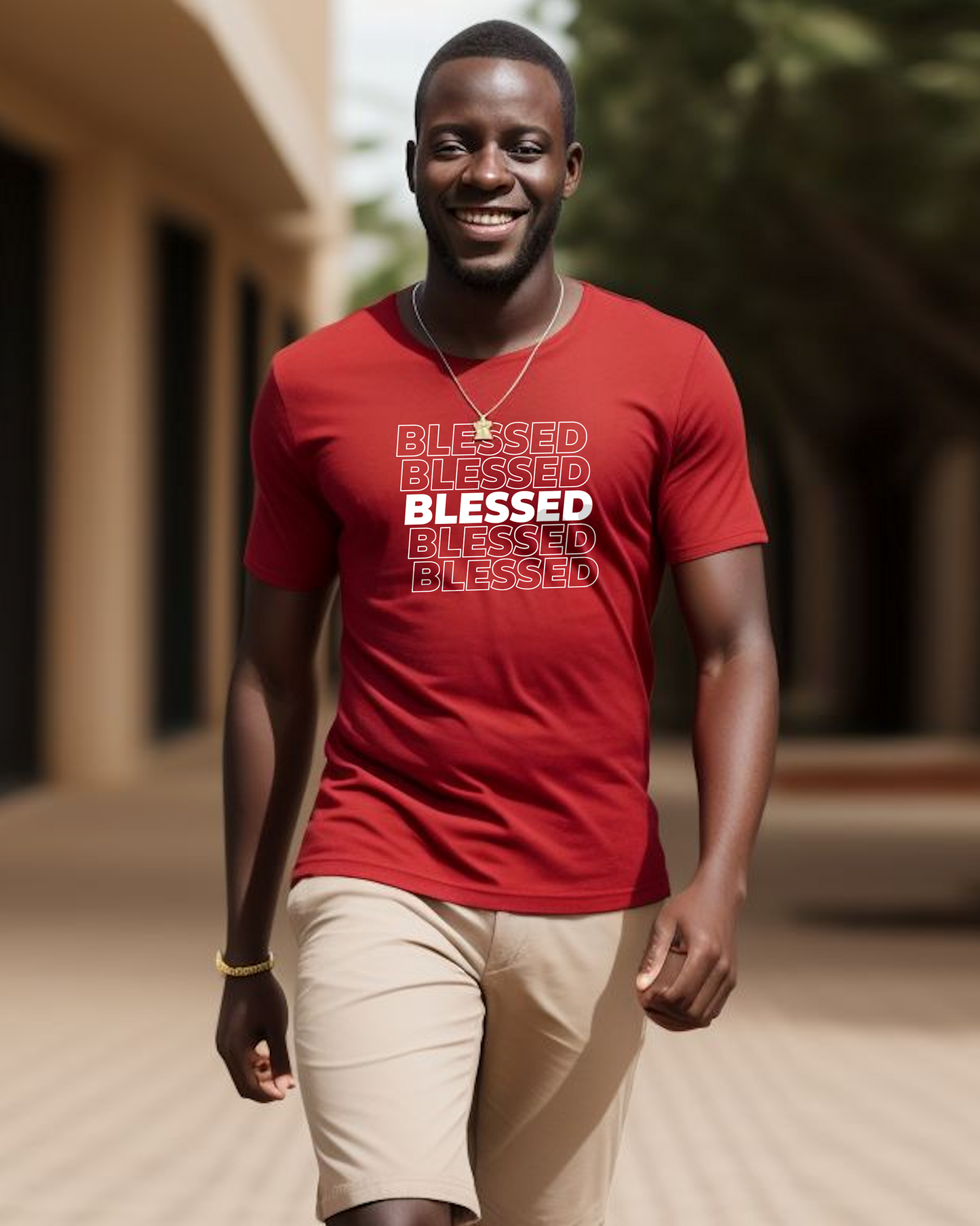 A young man outside wearing a red t-shirt with multiple lines of "Blessed" text printed on the front.