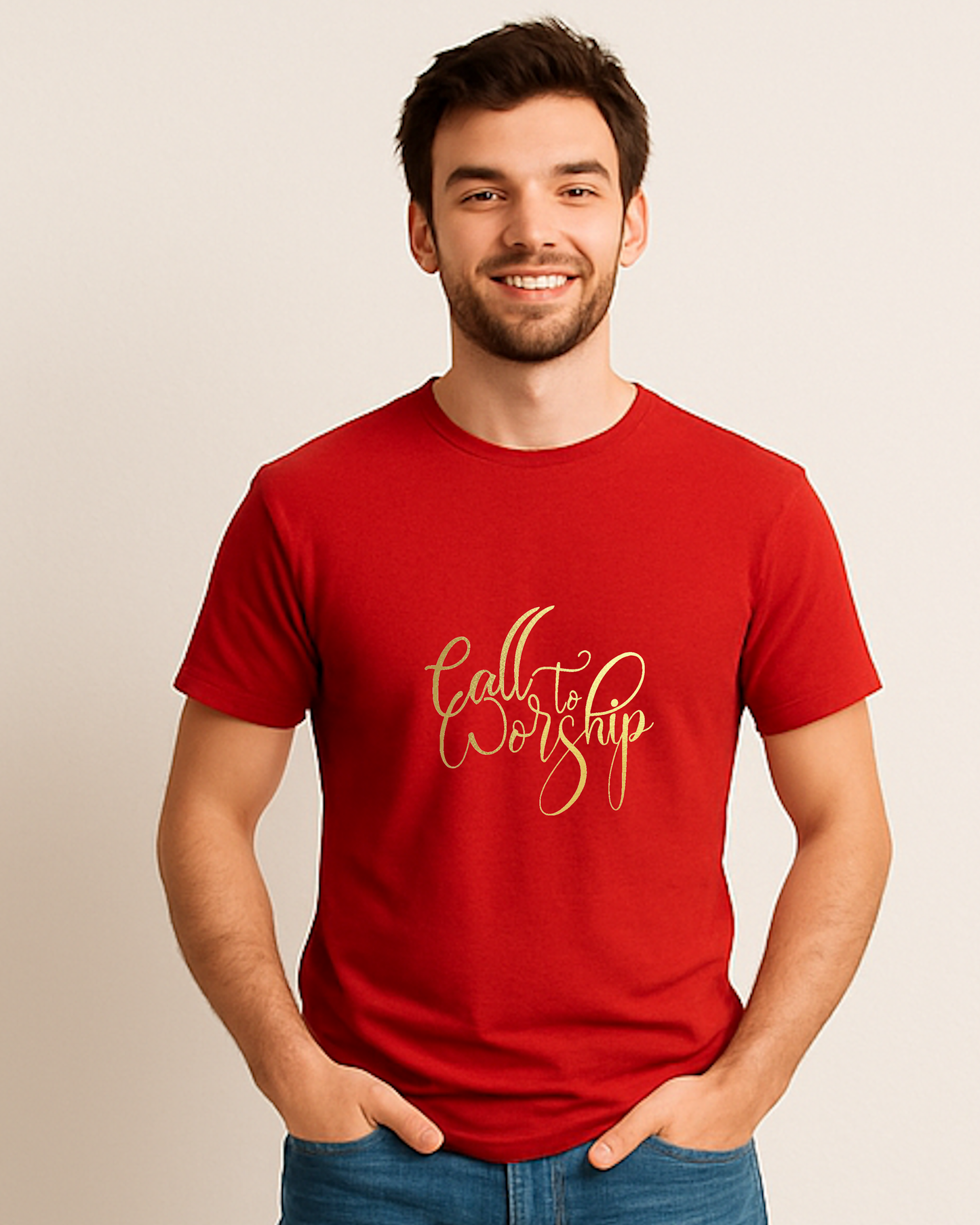 A man wearing a red t-shirt with a Heavenly Dreamwear designed "Calll to Worship" logo printed in gold on the front.