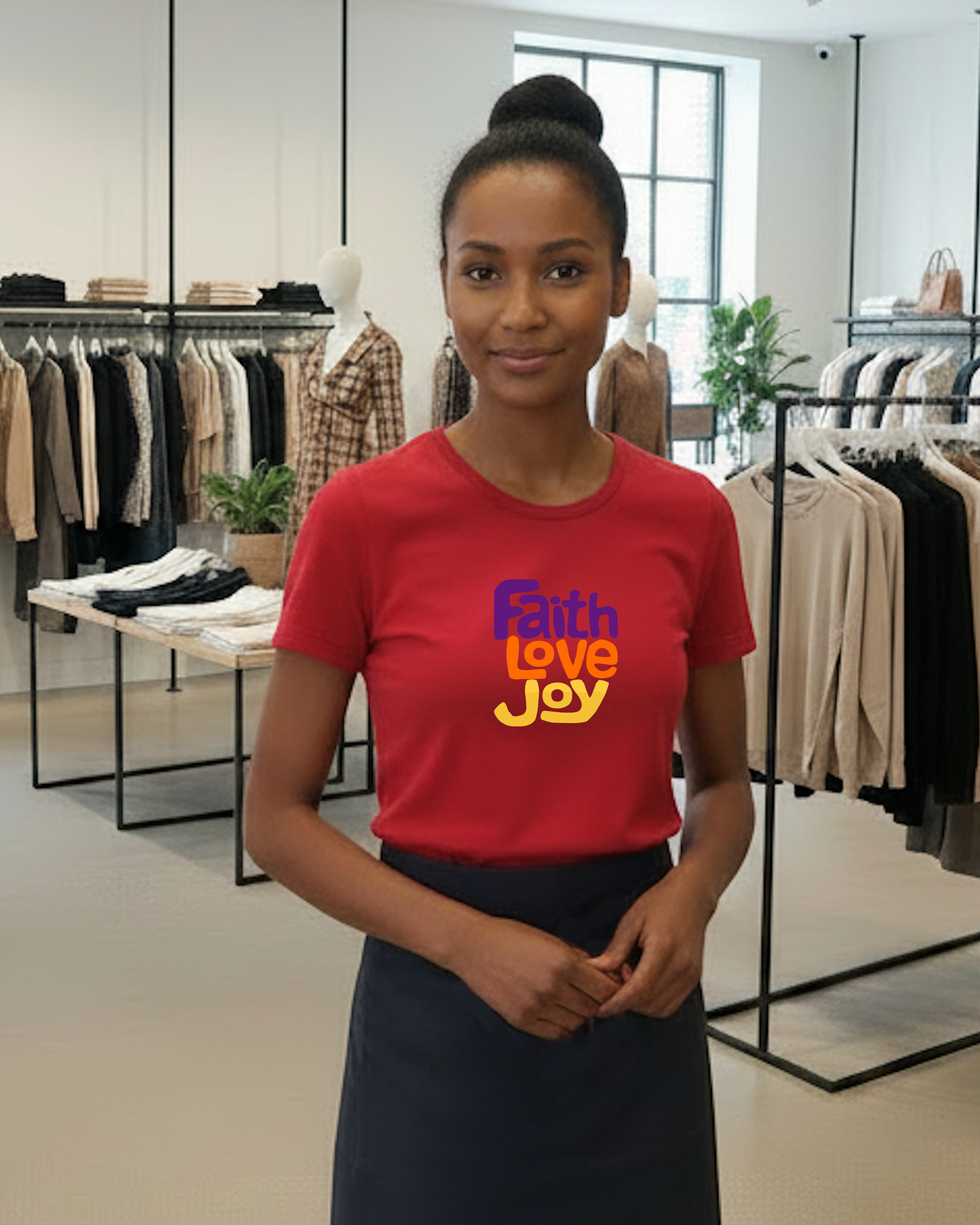 Woman wearing a red t-shirt with 'Faith Love Joy' text in a clothing store