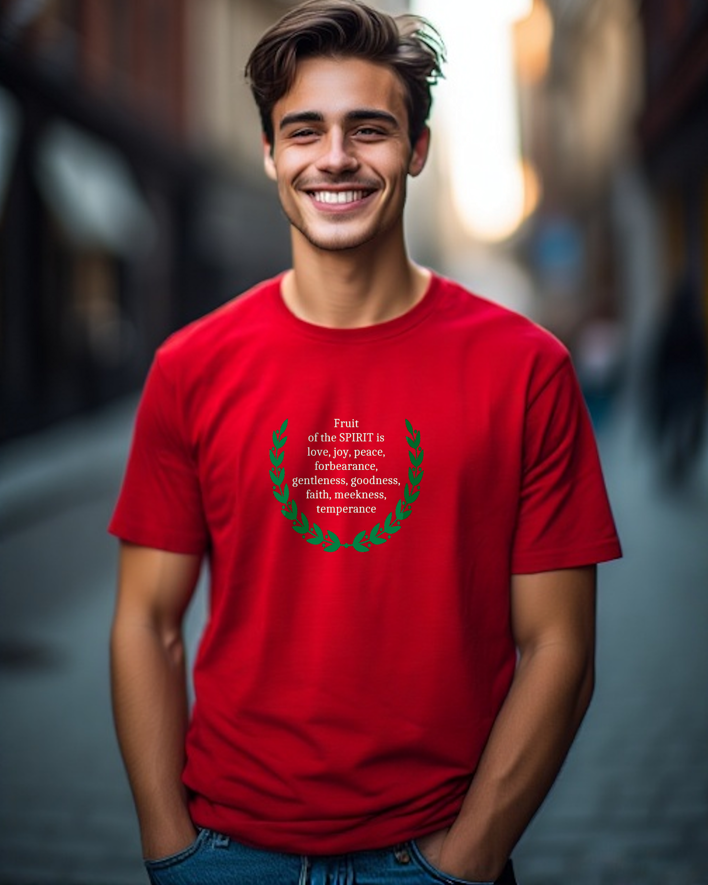 A smiling young man wearing a bright red t-shirt with a green laurel wreath graphic and the words 'Fruit of the spirit is love, joy, peace, forbearance, gentleness, goodness, faith, temperance' on the chest, standing in a blurred outdoor alley.