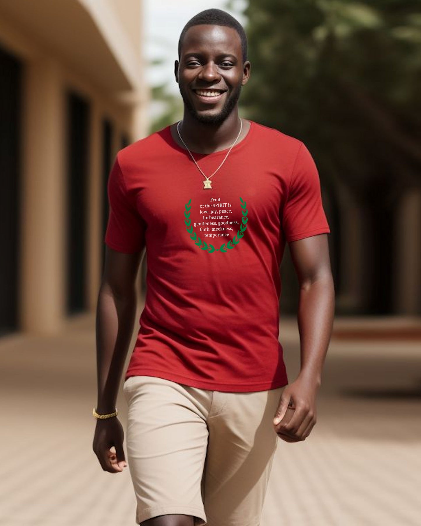 Man wearing a red t-shirt with a black text and green laurel wreath design surrounding white text, standing outdoors. 