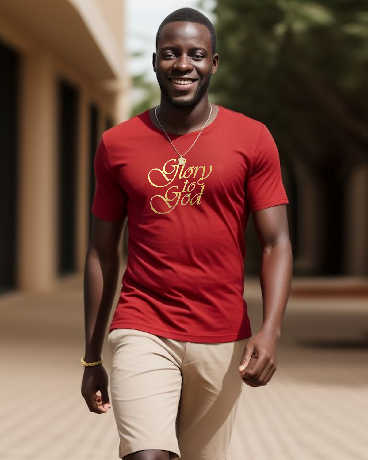 A smiling man walking outdoors wearing a red crew-neck t-shirt with ' Glory to God' printed in gold cursive script across the chest, paired with beige shorts.
