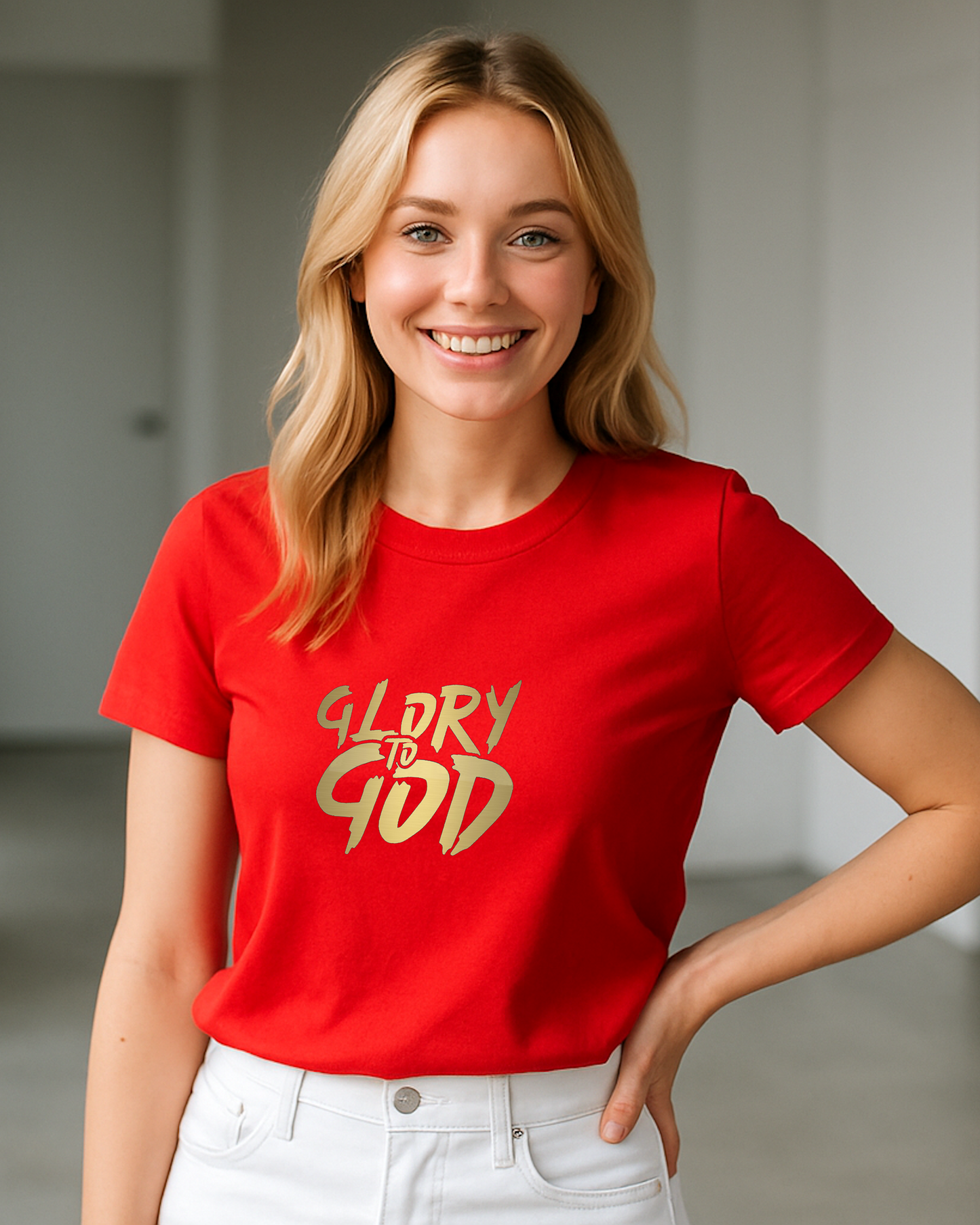 A woman standing indoors wearing a red t-shirt with a Heavenly Dreamwear "Glory to God" logo printed in gold on the front.
