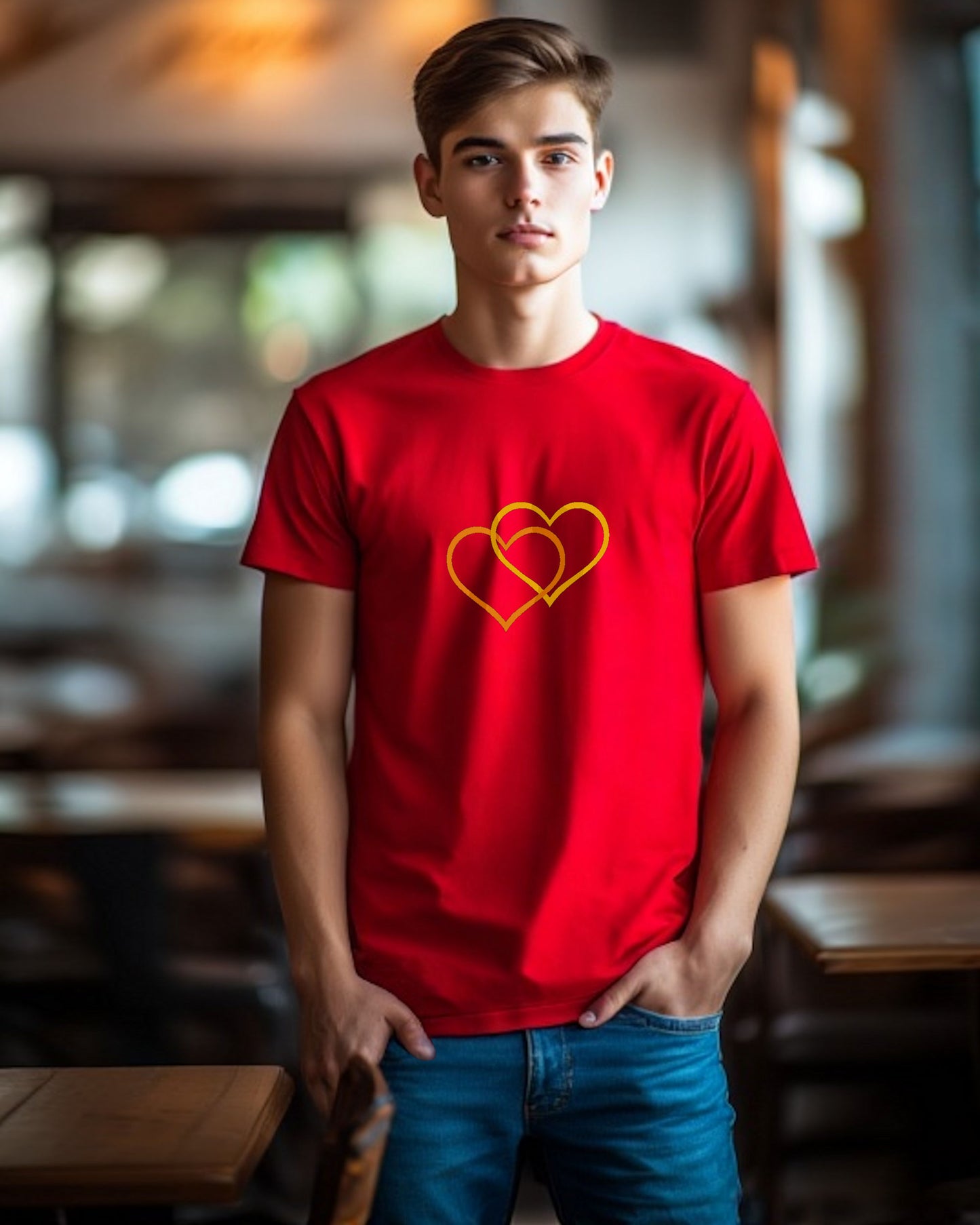 A man wearing a red t-shirt with a Heavenly Dreamwear logo comprised of an orange and yellow inter-twinned hearts.