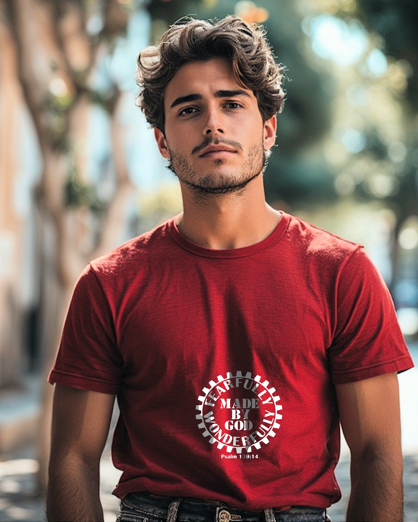 A man wearing a red t-shirt with a white Heavenly Dreamwear logo with the text "Fearfully Wonderfully Made by God" inside a geared wheel.
