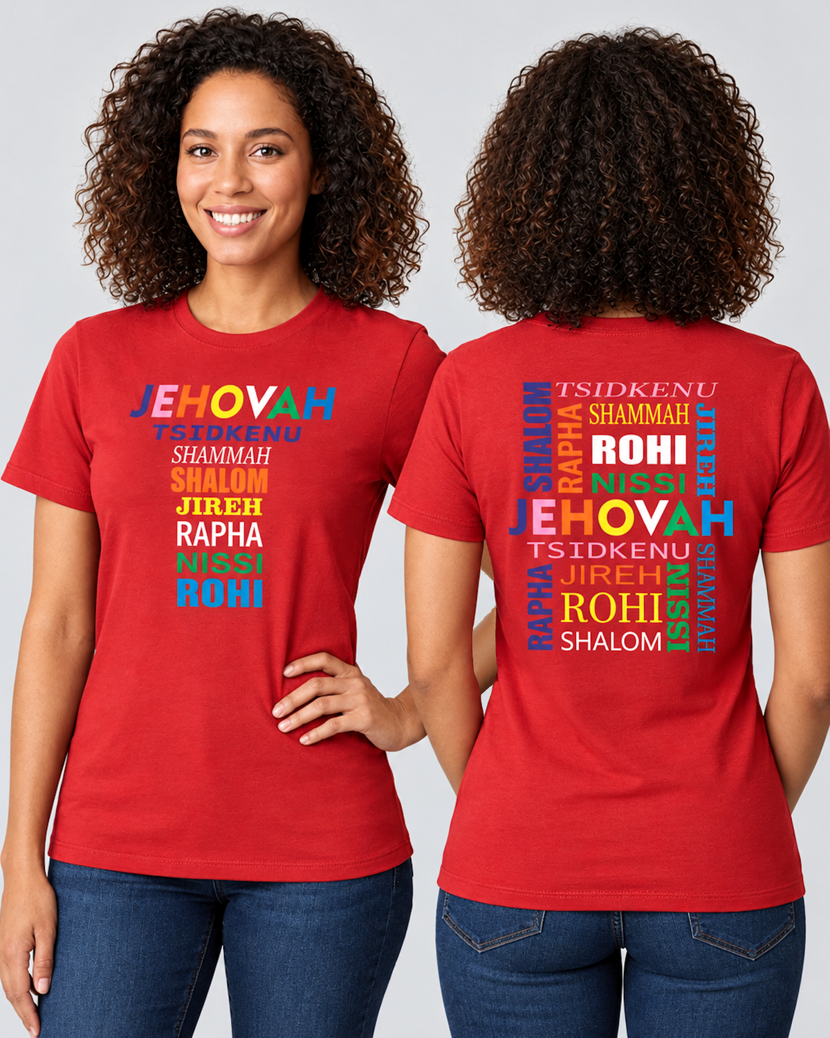 Two women modeling a bright red short-sleeve T-shirts shown from both front and back against a light gray studio background. The front has multicolored text reading 'JEHOVAH' with names of God beneath it, and the back also has multicolored text reading 'JEHOVAH' surrounded by names of God above and below it.