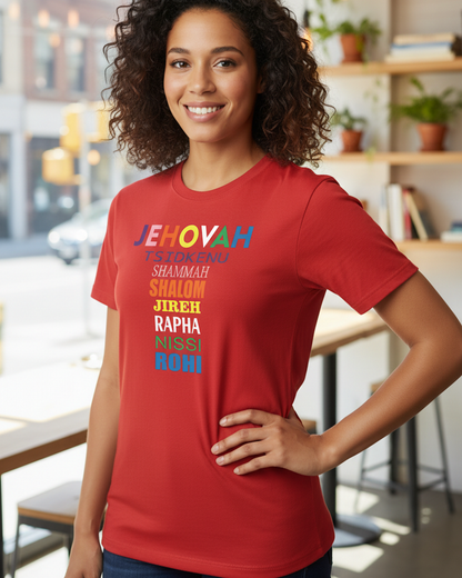 Woman wearing a red t-shirt with Hebrew text on the front in a shop