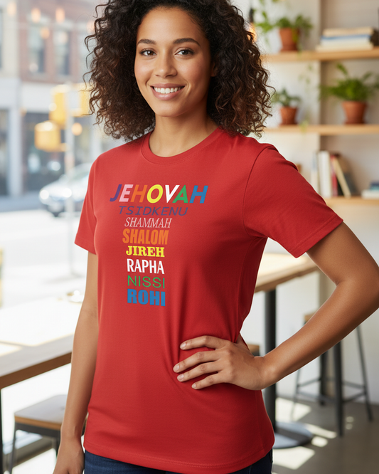 Woman wearing a red t-shirt with Hebrew text on the front in a shop