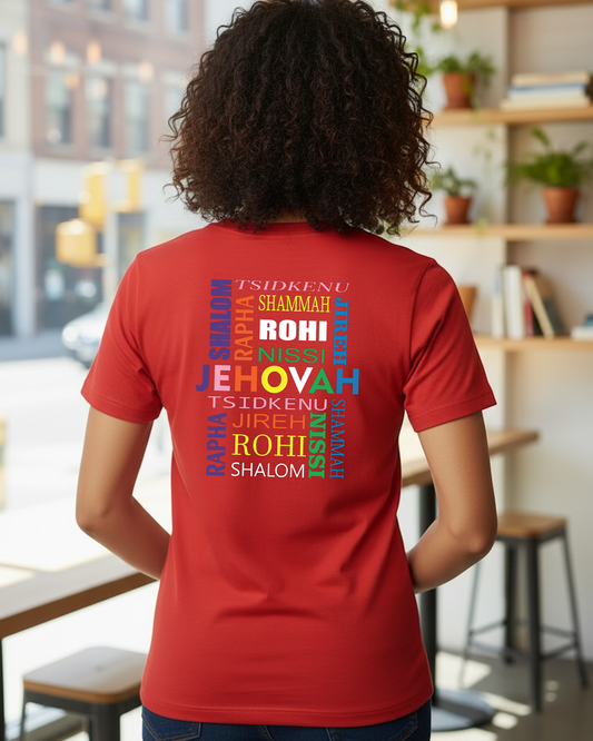 Woman in a shop wearing a red t-shirt with Hebrew text printed on the back