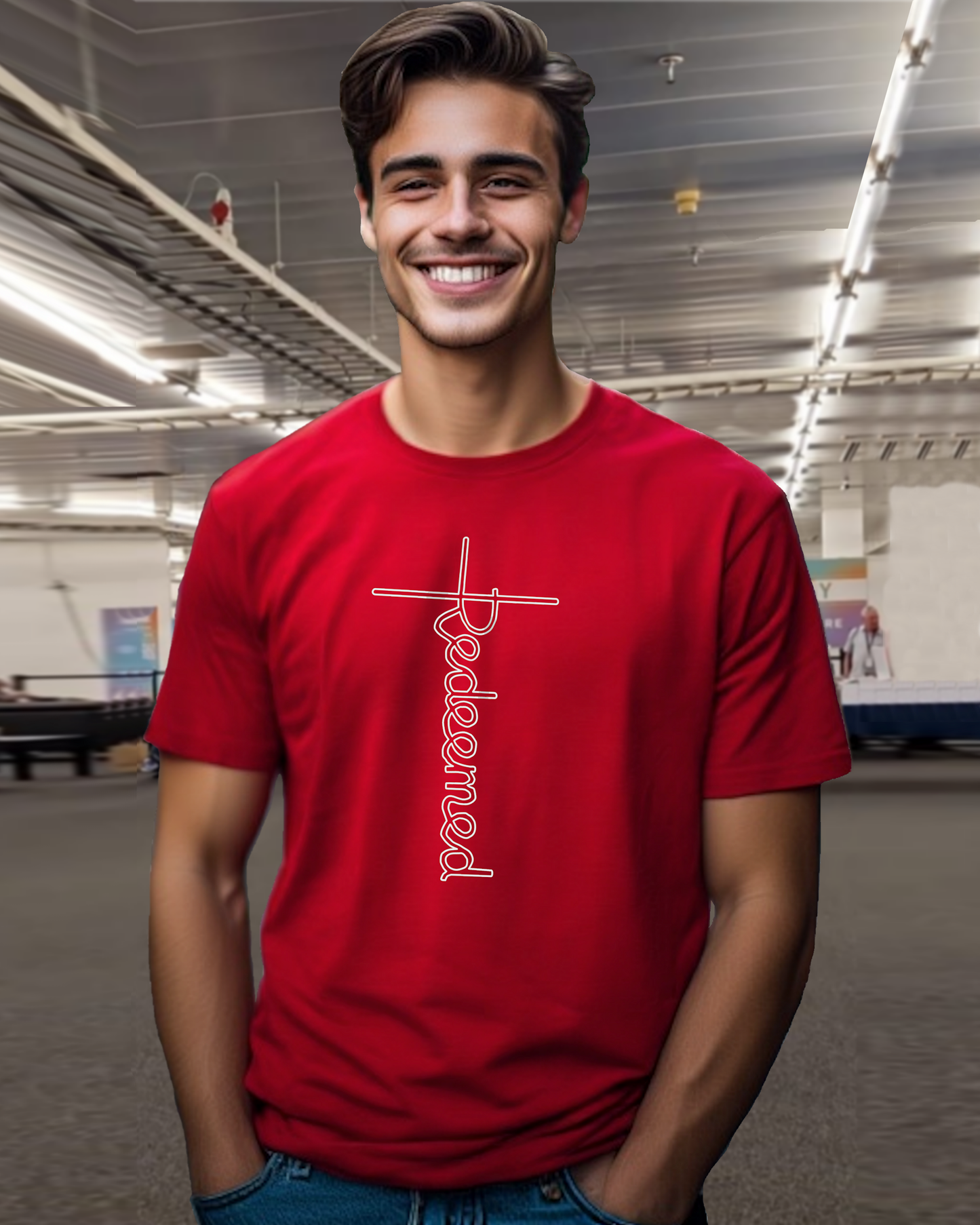 A man standing in a conference centre wearing a red t-shirt with an elaborate white Heavenly Dreamwear designed 'Redeemed' cross-shaped logo printed on the front.