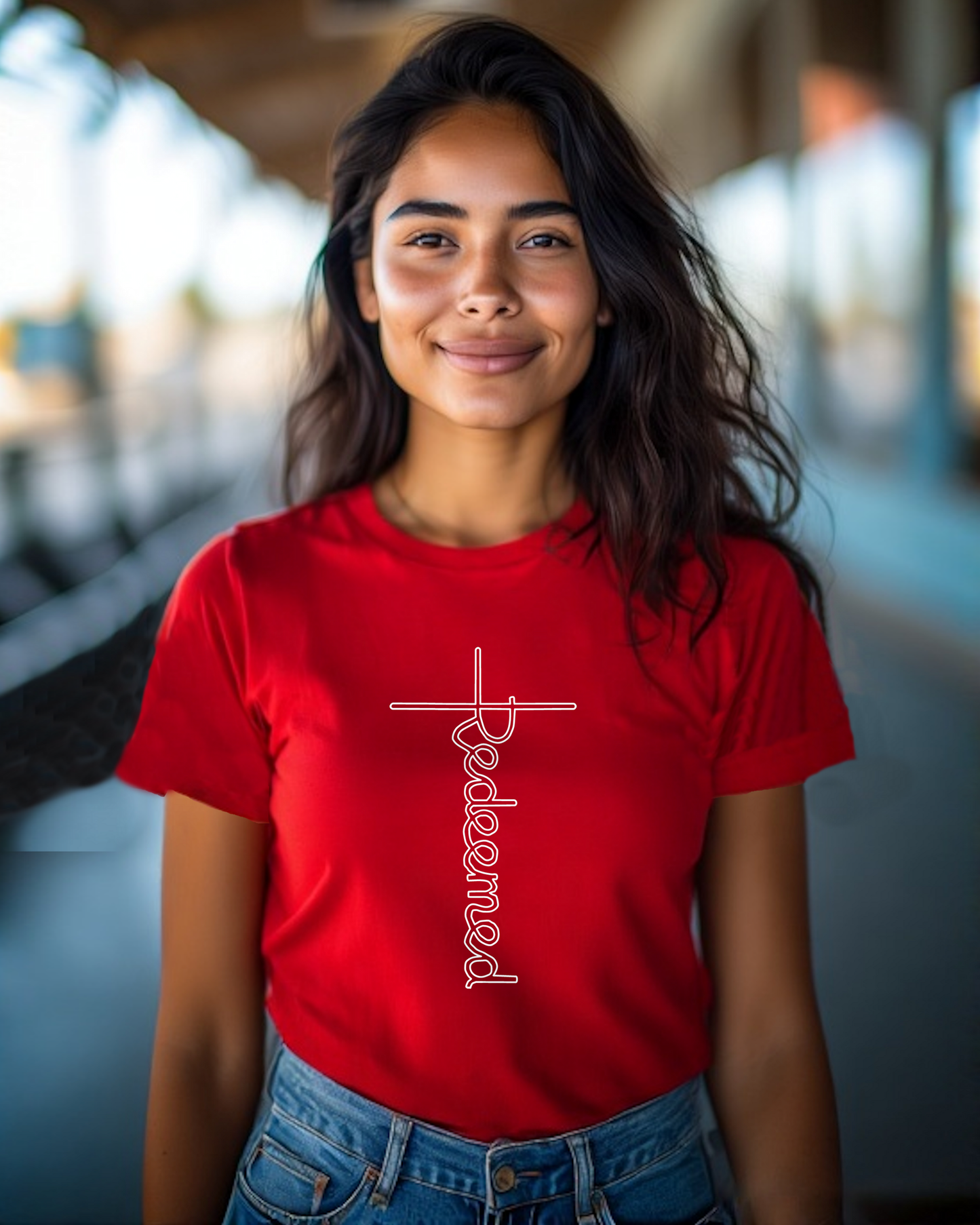 A woman standing in a corridor wearing a red t-shirt with an elaborate  Heavenly Dreamwear designed 'Redeemed' cross-shaped logo printed on the front.