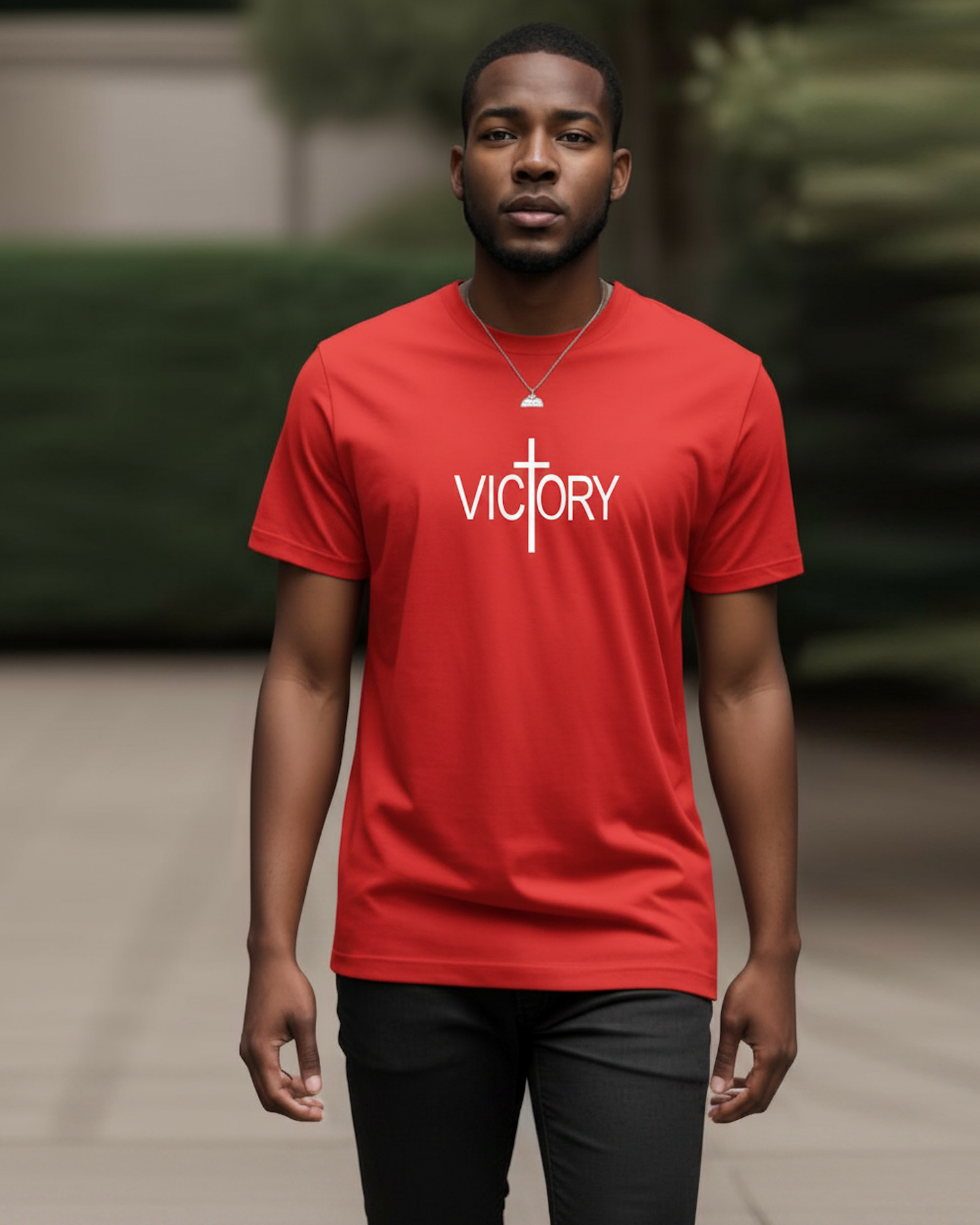 A man wearing a red t-shirt with a white Heavenly Dreamwear "Victory" logo printed on the front, standing in a garden.