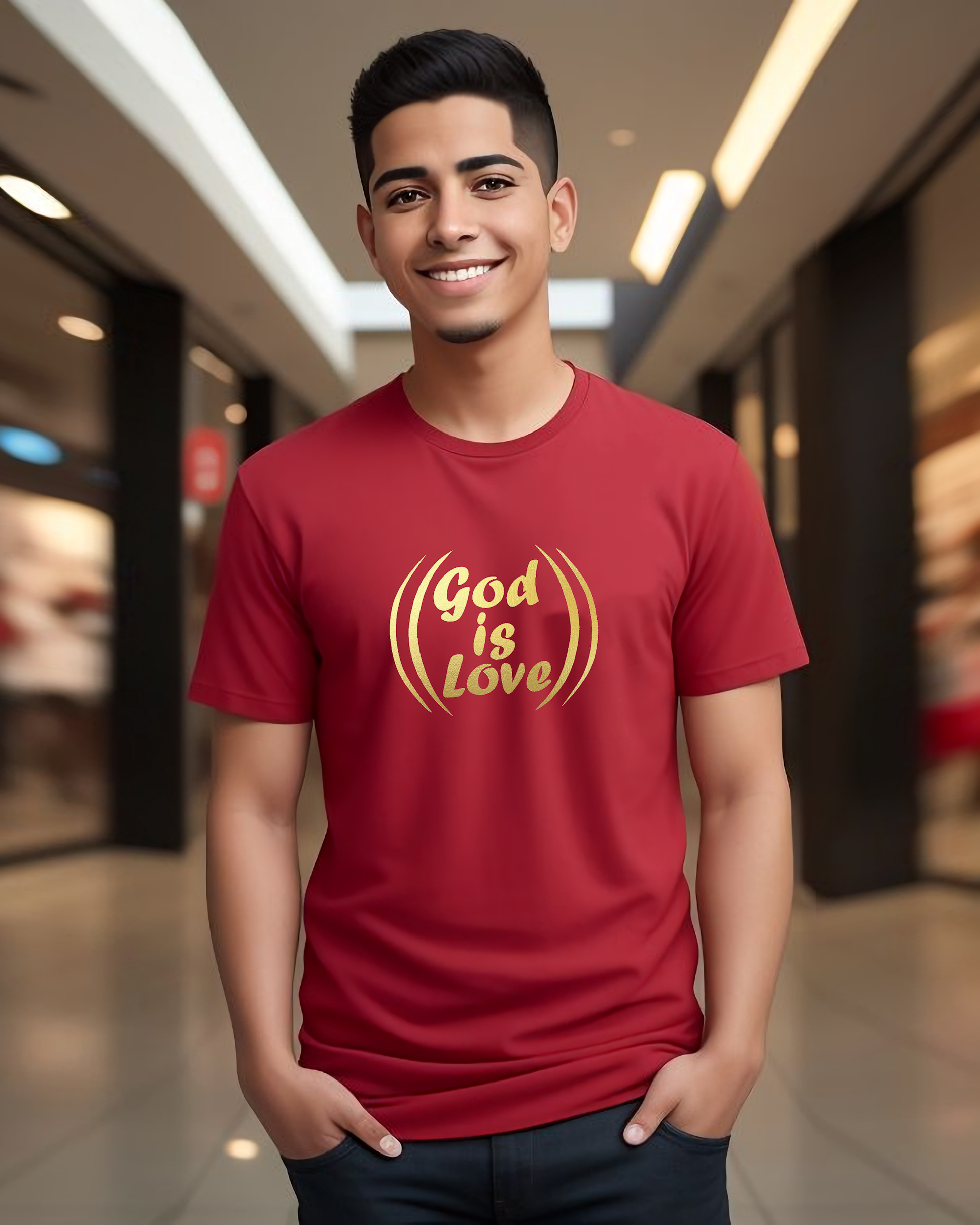 A man in a shopping mall wearing a red t-shirt with a gold "God is Love" logo printed on the front.