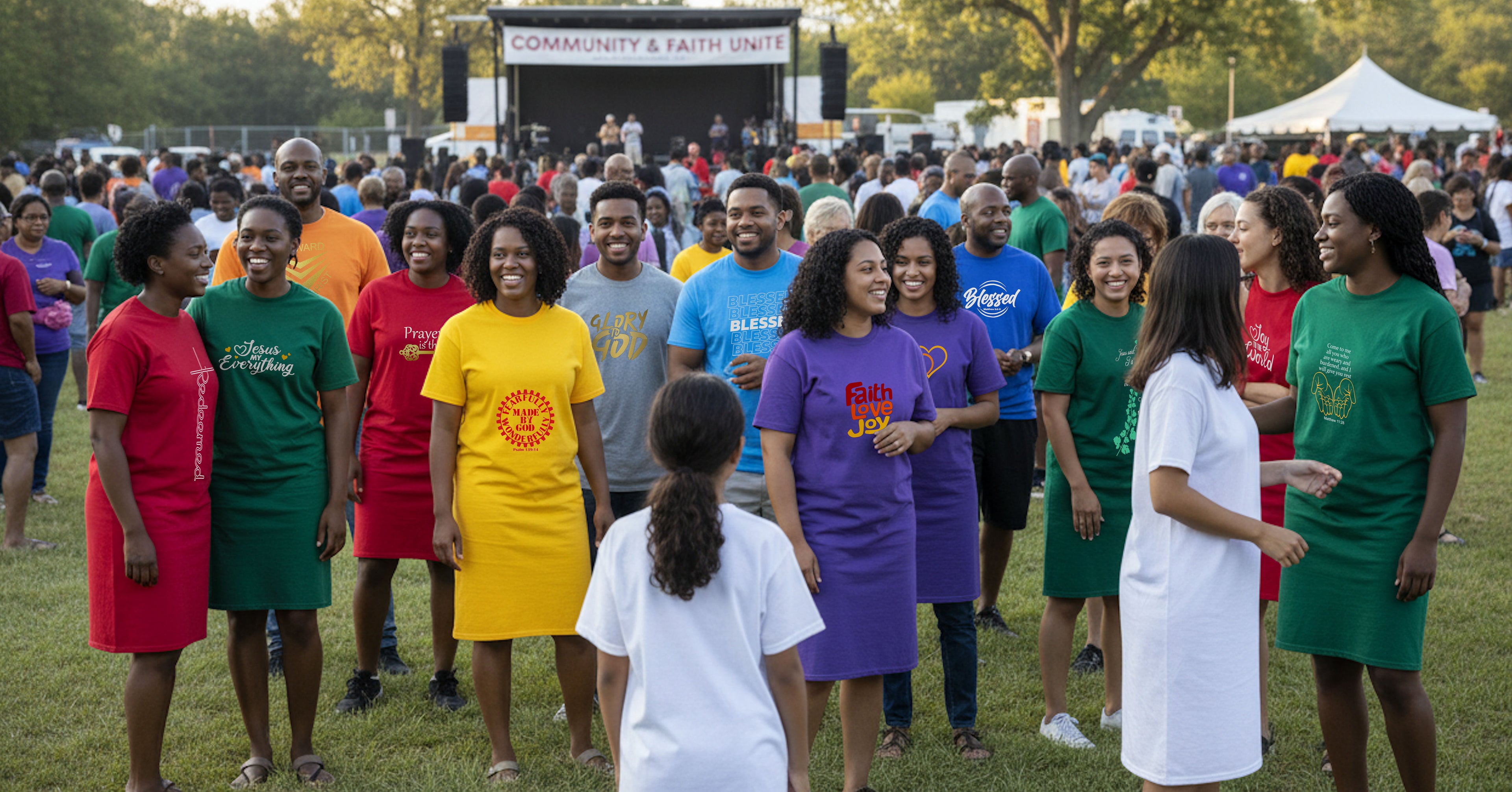 Crowd of people standing together at an outdoor event all wearing Heavenly Dreamwear t-shirts or t-shirt dresses with a stage and tents in the background.