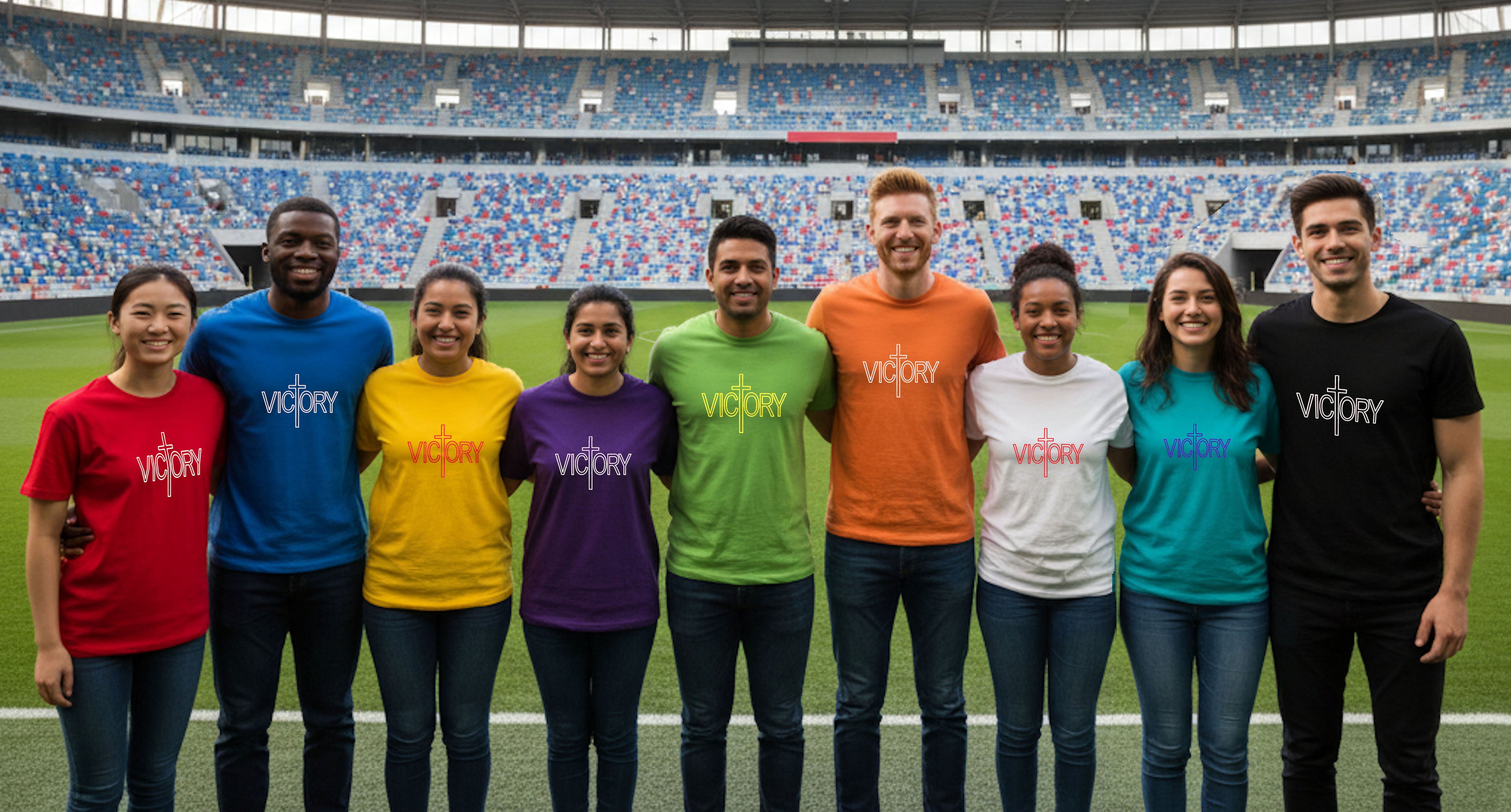 Group of people wearing colorful 'Victory' shirts on a sports field.