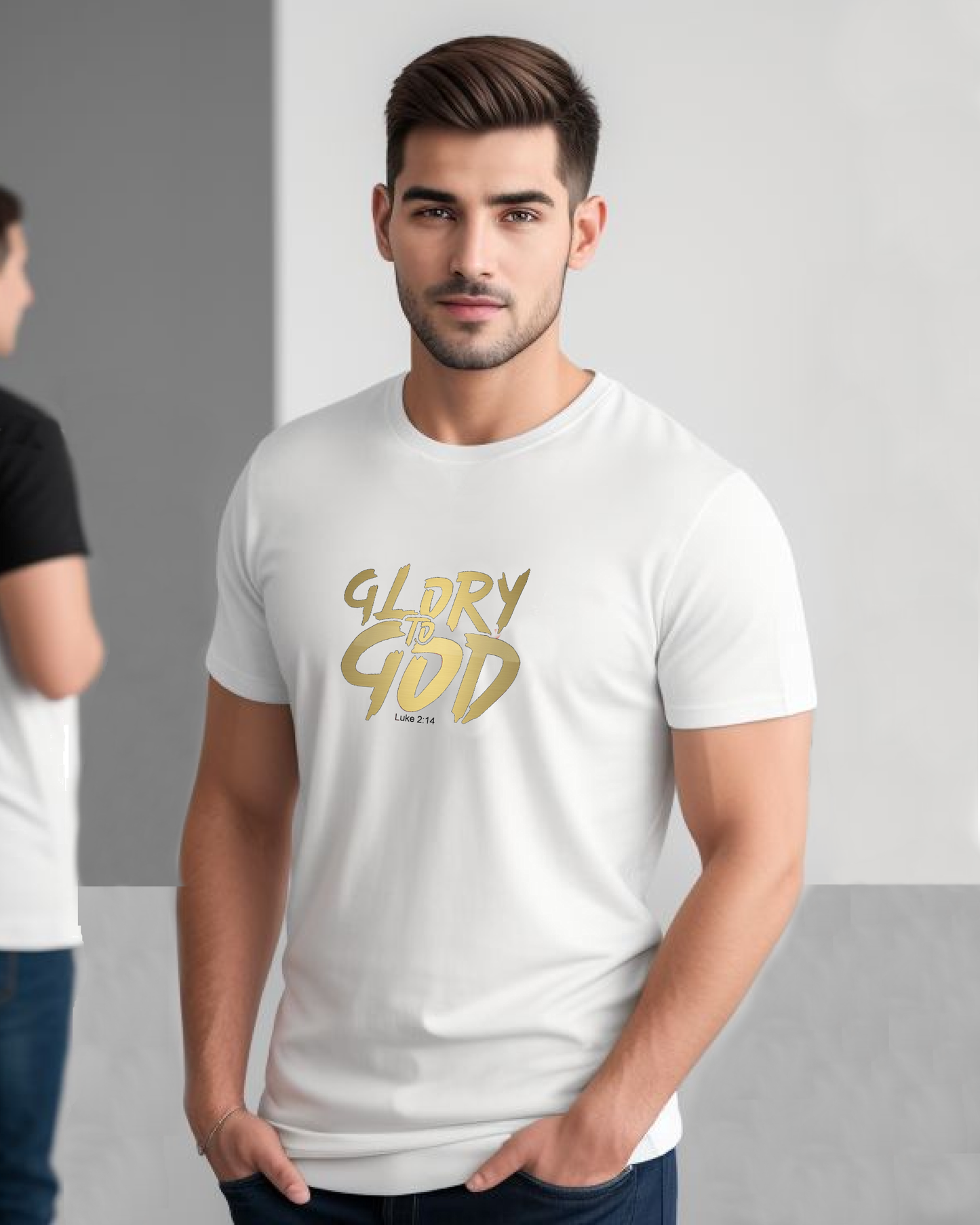 A man wearing a white t-shirt with a gold Heavenly Dreamwear "Glory to God" logo printed on the front.
