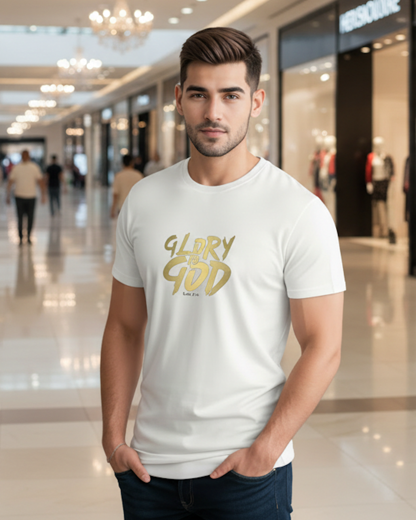 A man wearing a white t-shirt with a gold Heavenly Dreamwear "Glory to God" logo printed on the front.