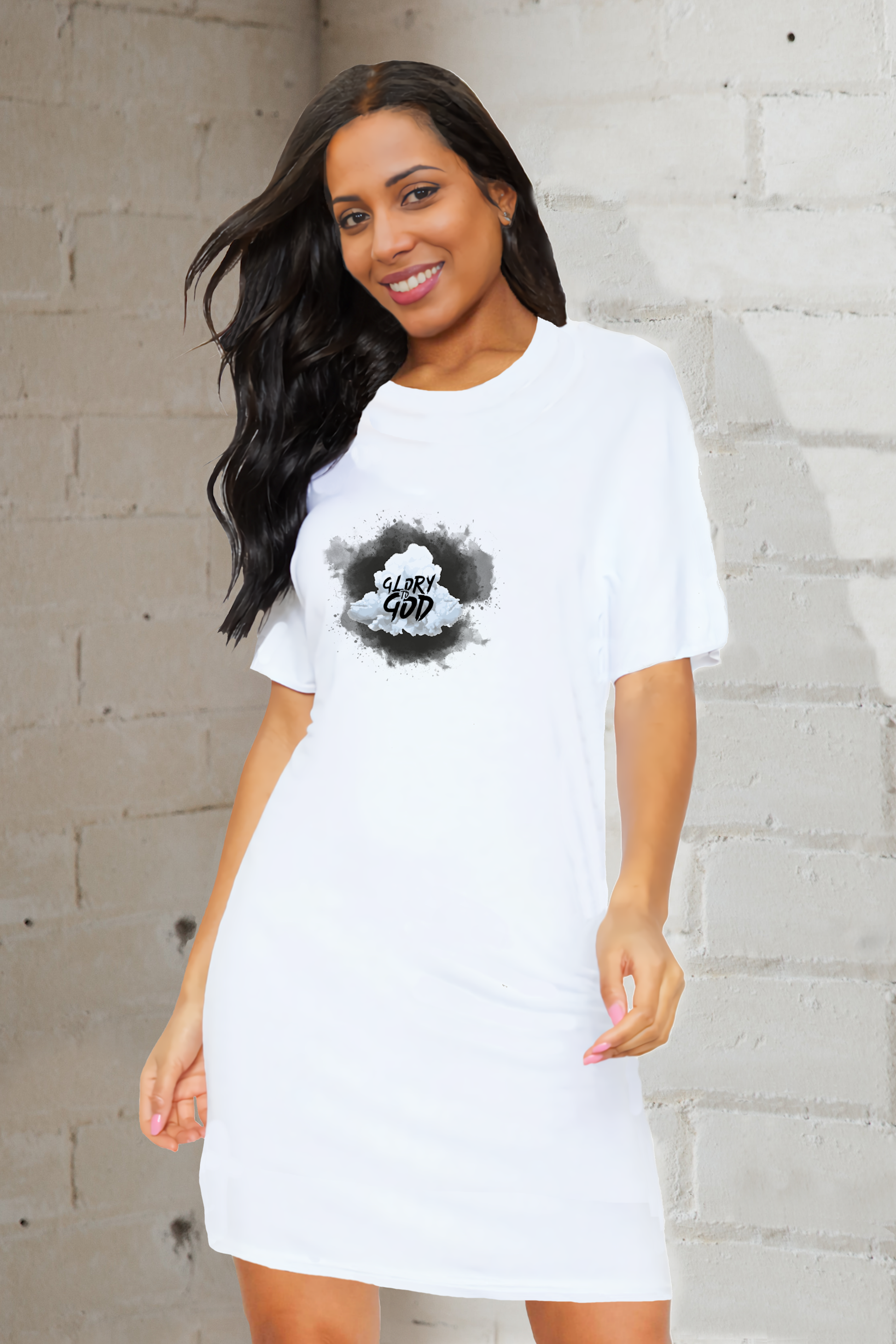 Woman wearing a white Heavenly Dreamwear t-shirt dress with a Glory to God cloud logo.