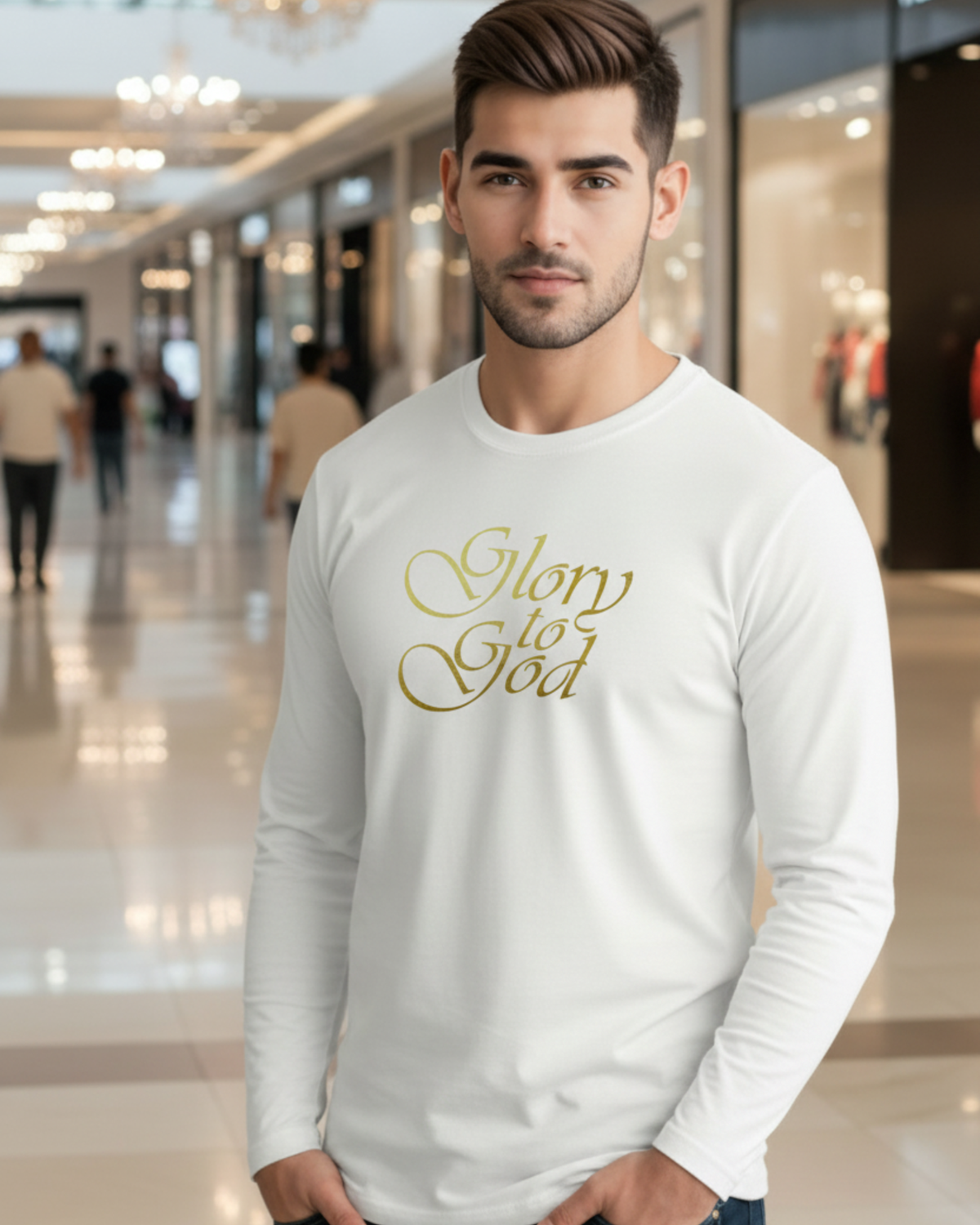 A man wearing a white long-sleeve t-shirt with 'Glory to God' printed in gold cursive script on the chest, standing in a brightly lit, blurred shopping mall corridor.