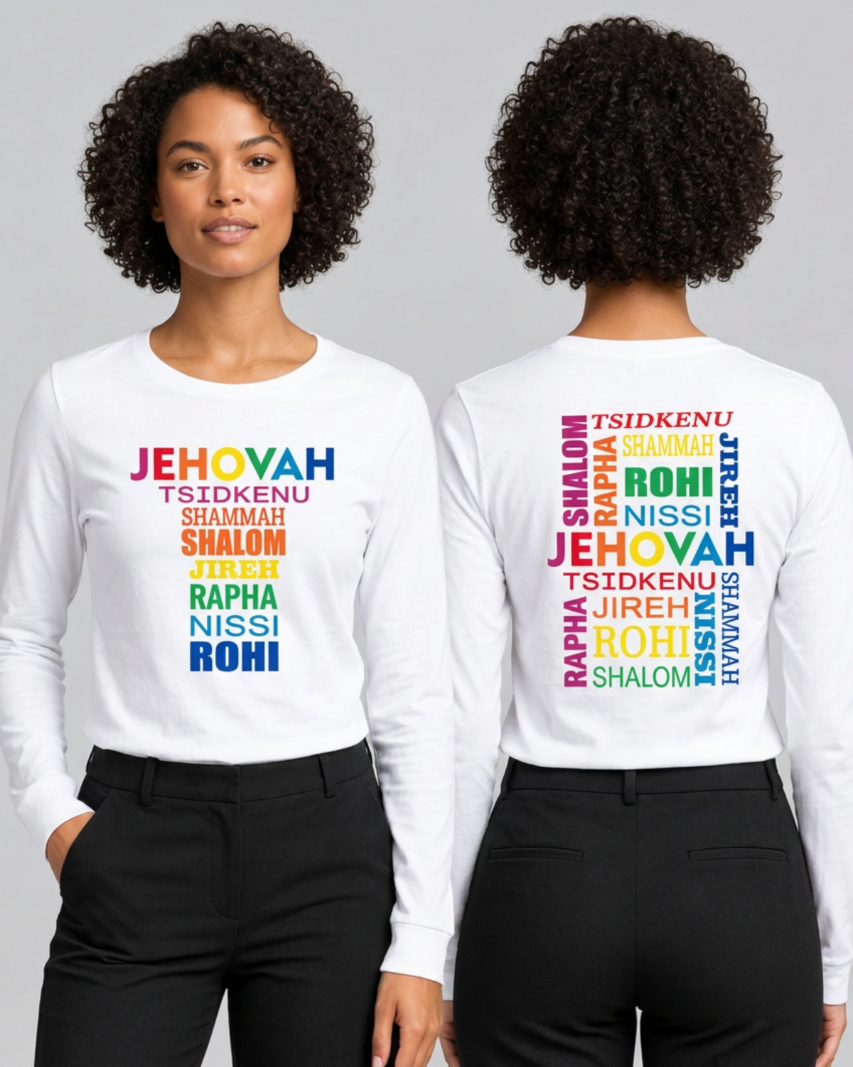 A model shown from the front and back wearing a white long-sleeve t-shirt with rainbow coloured letters 'JEHOVAH' on front and back. The front features the names of God in list of various colours. The rear features the names of God in a colourful word matrix. The background is light grey.