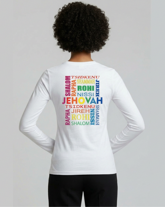 Woman wearing a white long sleeve t-shirt with colorful Hebrew text on the back against a gray background