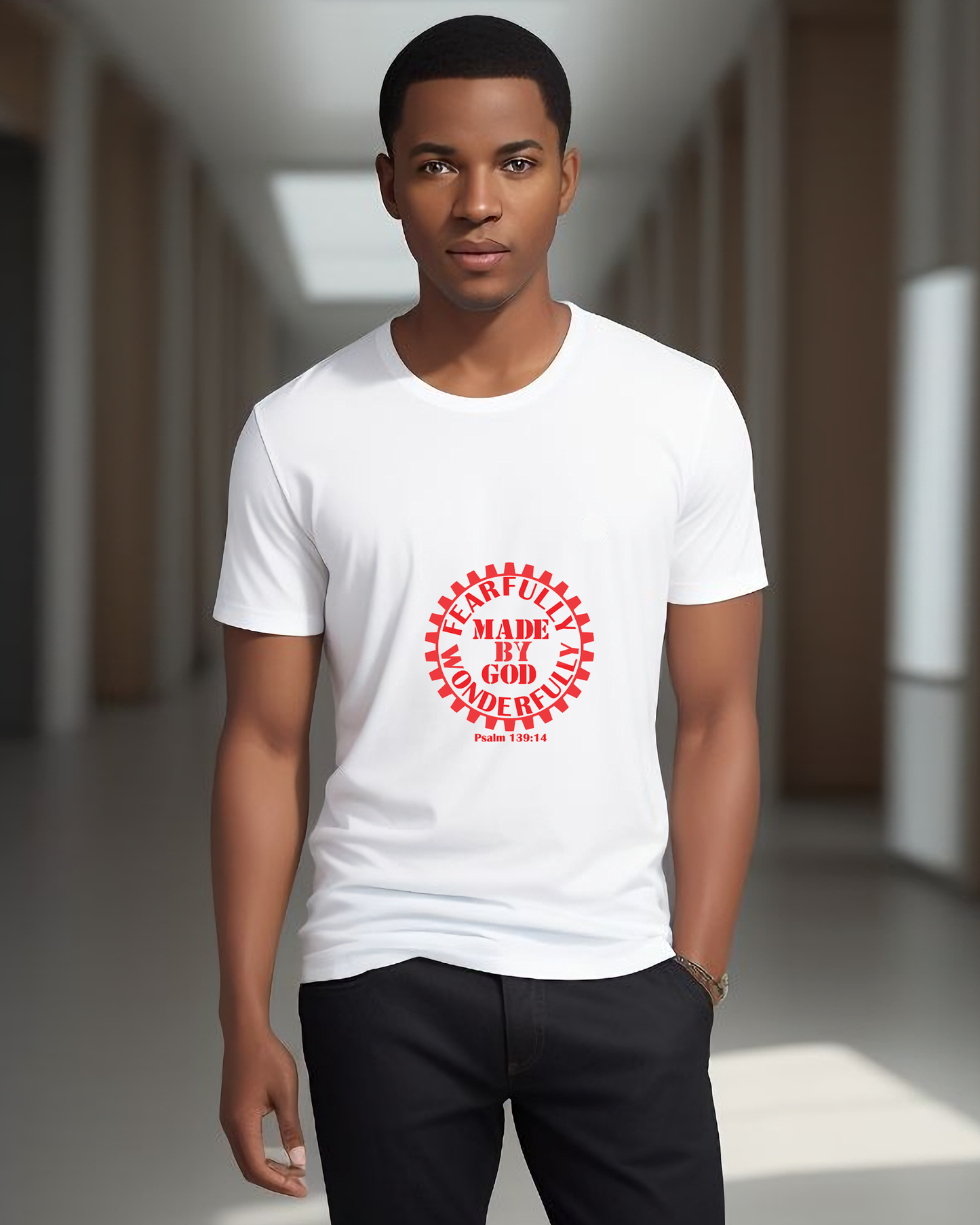 A man a white t-shirt with a red Heavenly Dreamwear logo with the text "Fearfully Wonderfully Made by God" inside a geared wheel.