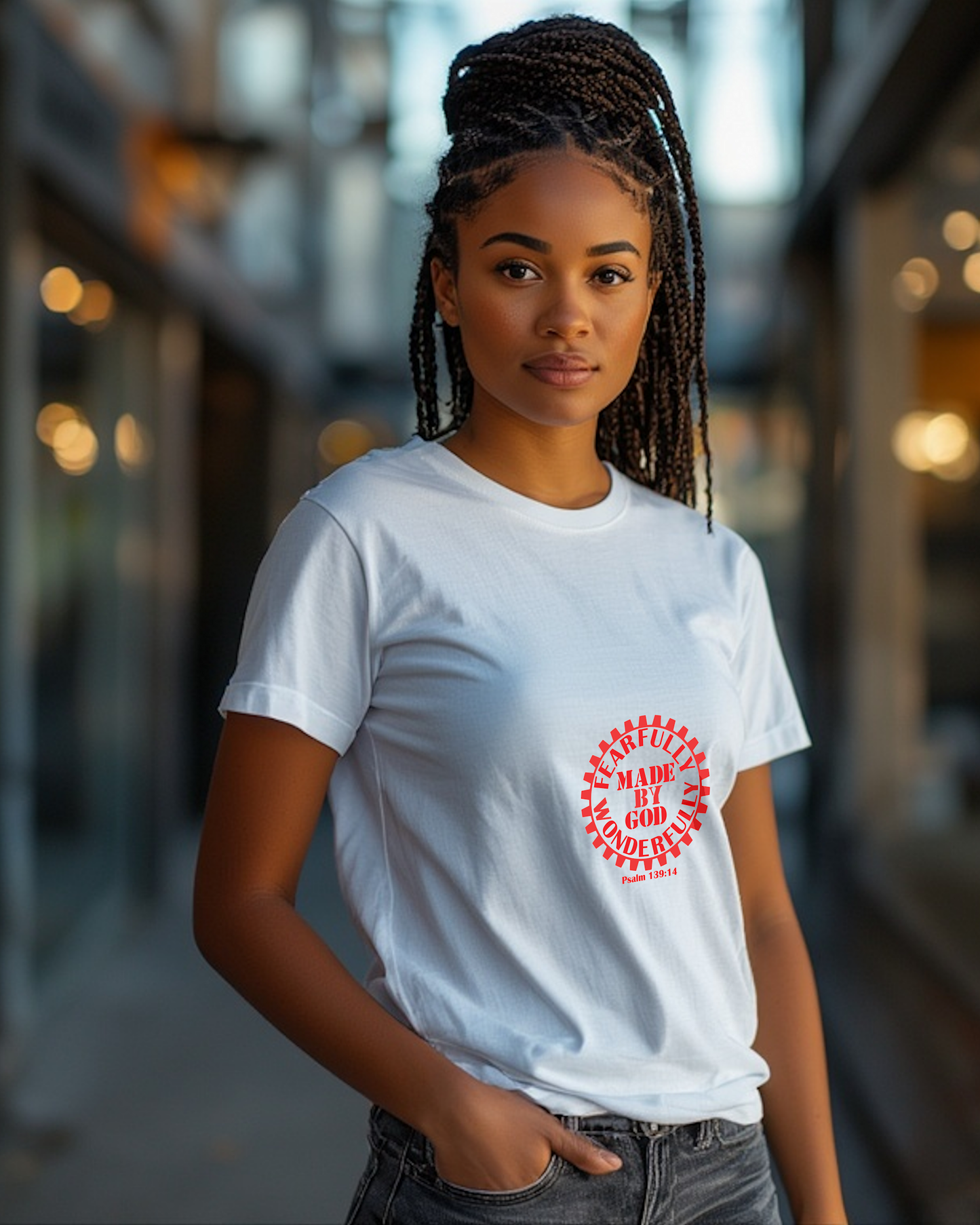 A woman a white t-shirt with a red Heavenly Dreamwear logo with the text "Fearfully Wonderfully Made by God" inside a geared wheel.