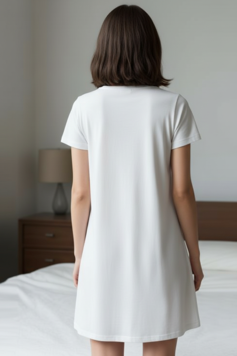 Rear view of a woman wearing a white dress in a bedroom setting