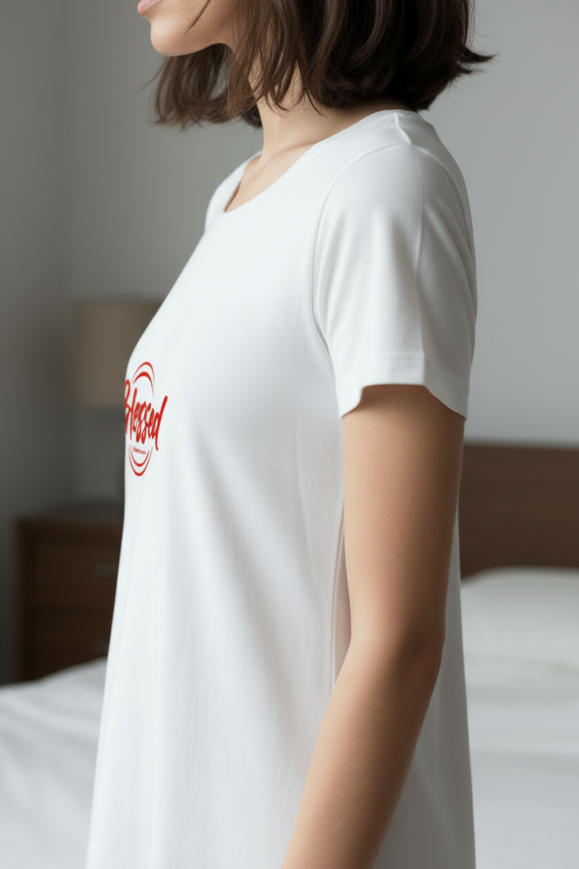 Closeup of sleeve of woman wearing a white t-shirt dress in a bedroom.