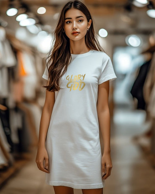 A woman in a shop wearing a white Heavenly Dreamwear t-shirt dress with a gold "Gory to God" text logo printed on the front.