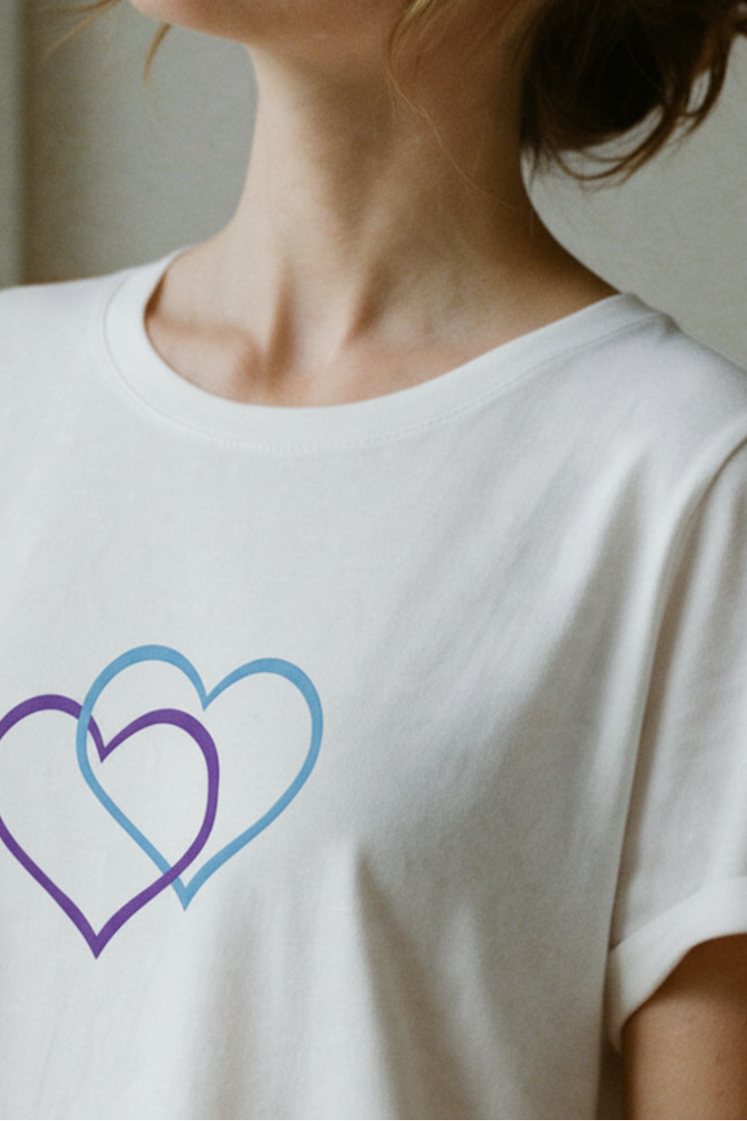 Closeup of the neck of a woman wearing a white t-shirt with a purple and blue heart design