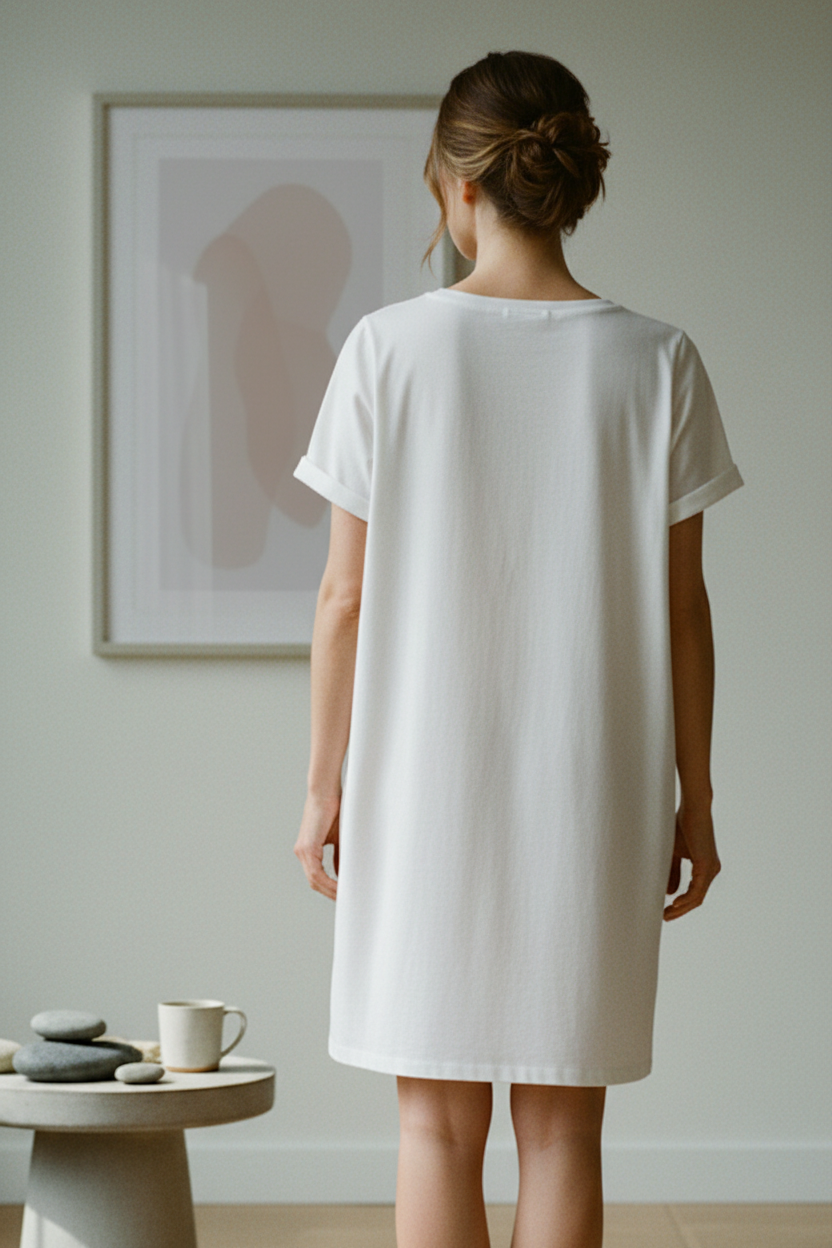 Rear view of a woman wearing a white t-shirt dress standing in a minimalistic room with a framed picture on the wall.