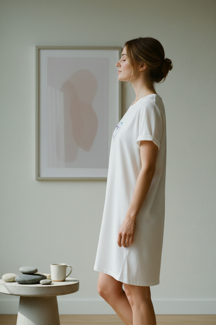 A woman standing indoors wearing a white t-shirt dress.