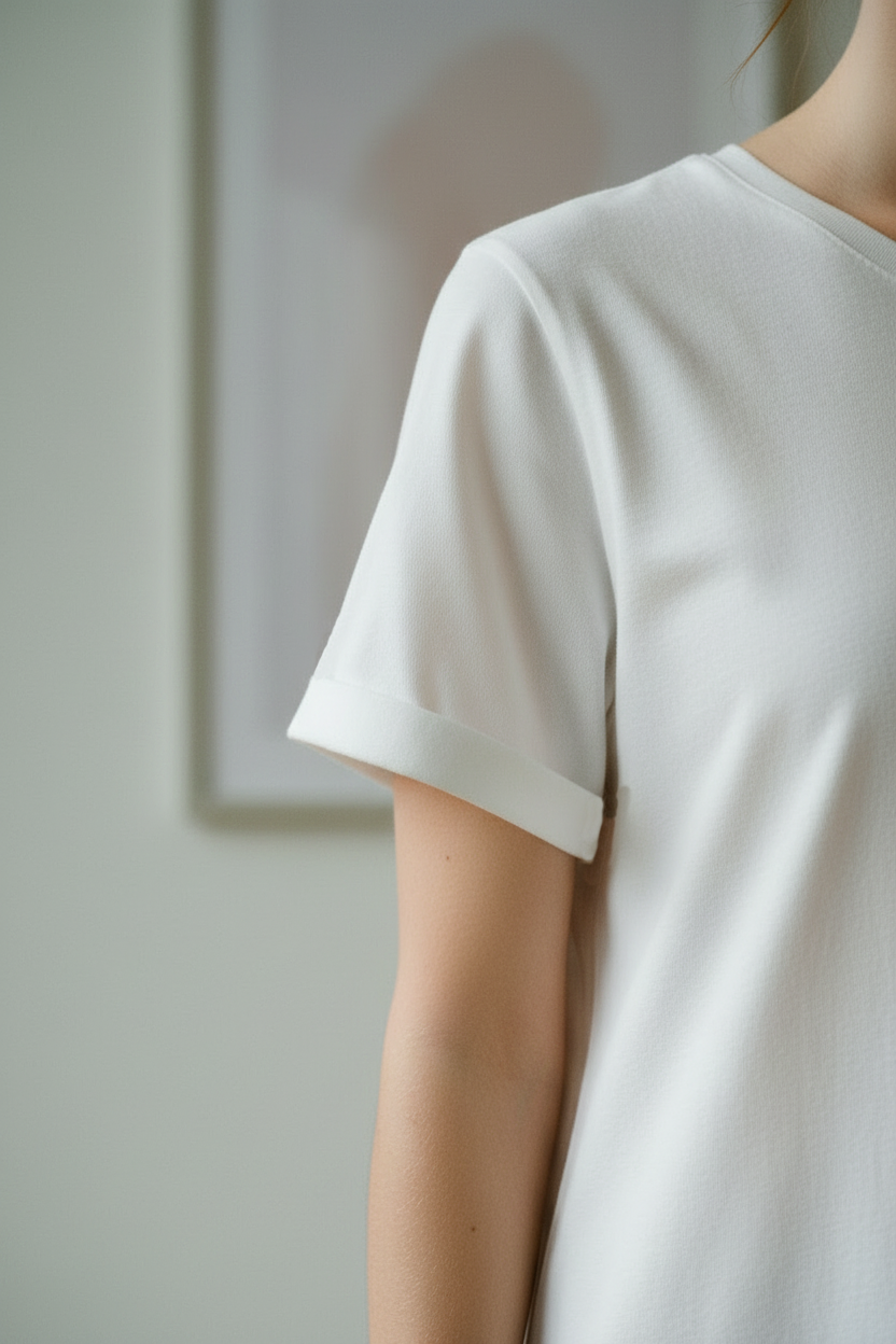 White t-shirt dress worn by a womanagainst a neutral background