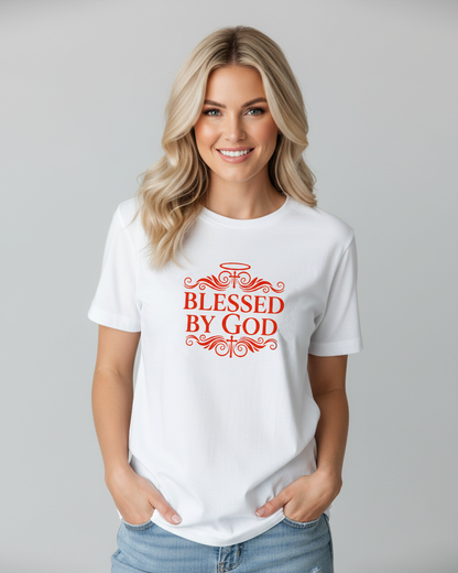Woman wearing a white t-shirt with a red 'Blessed By God' text on the front against a grey background