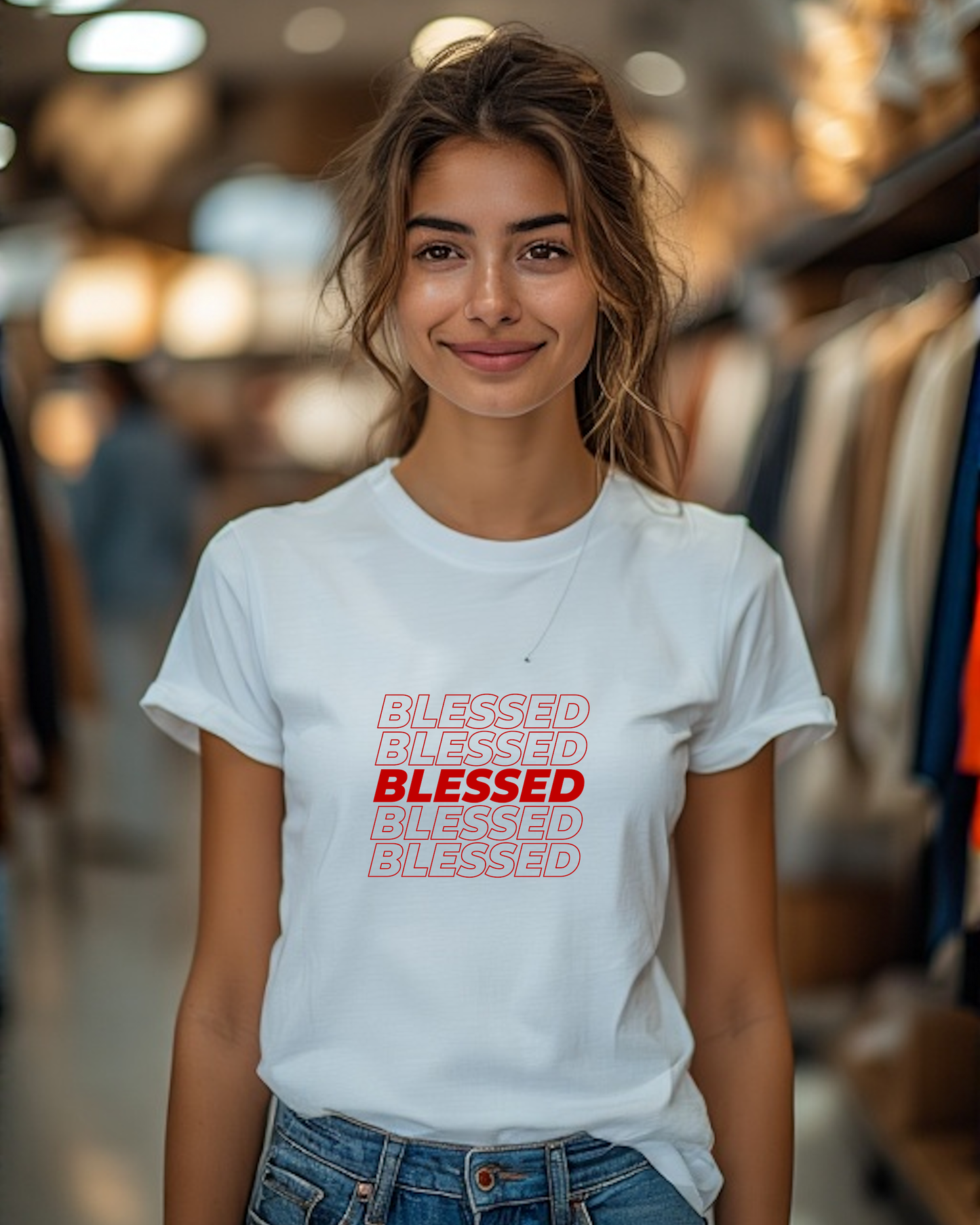 A young woman in a clothes store wearing a white t-shirt with multiple lines of "Blessed" text printed on the front.