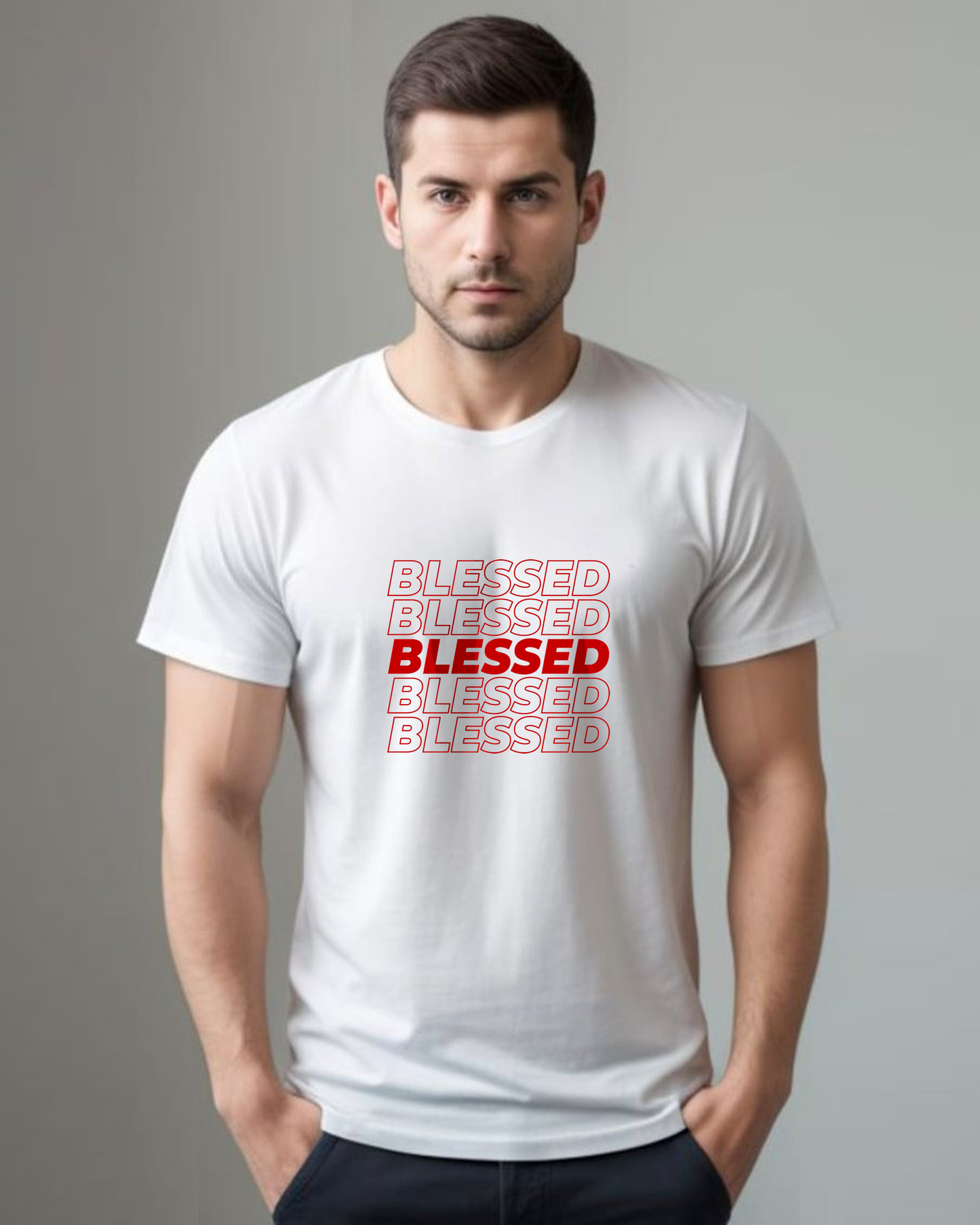 A young man in a shopping mall wearing a white t-shirt with multiple lines of "Blessed" text printed on the front.