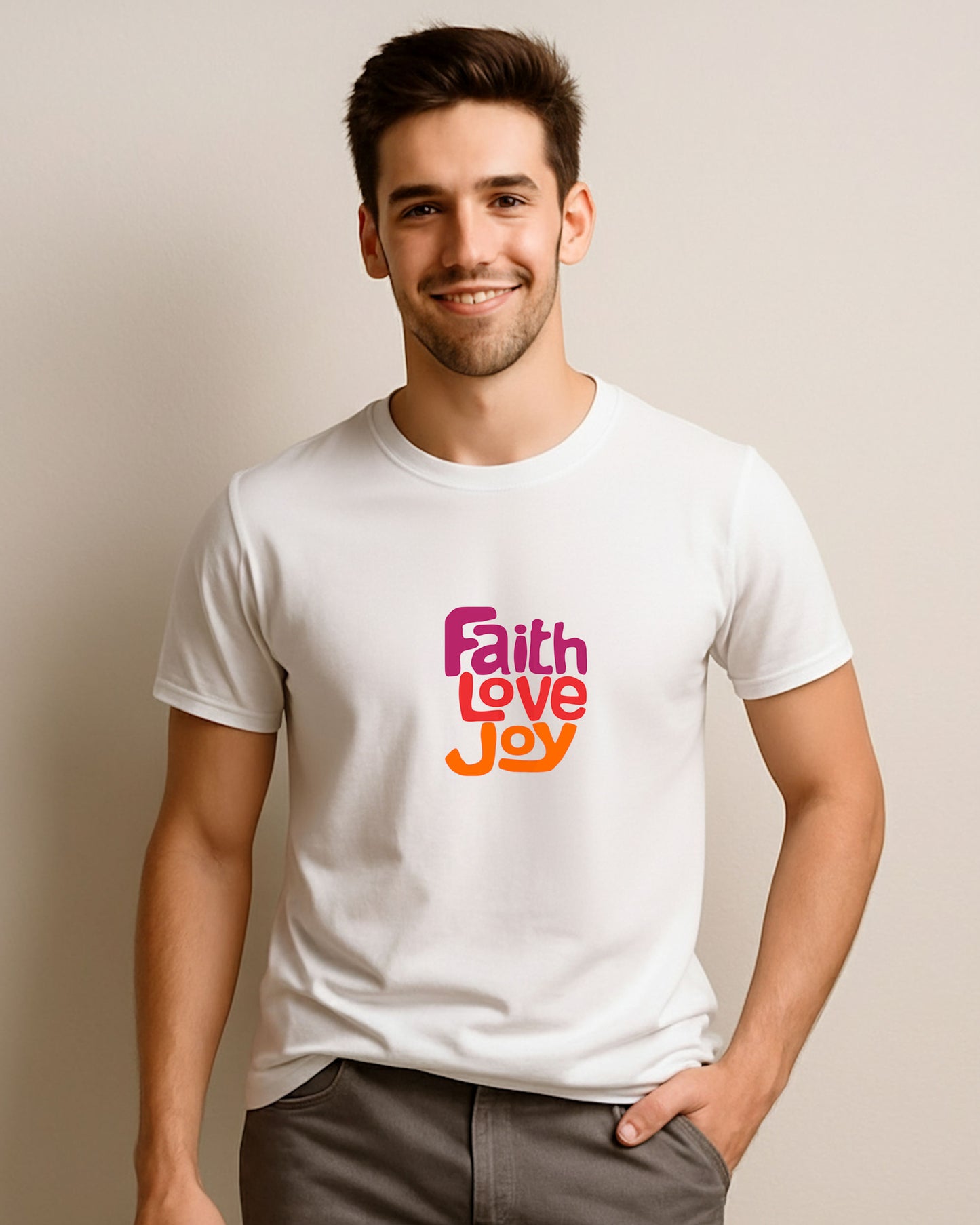 Man wearing a white t-shirt with 'Faith Love Joy' text on a beige background